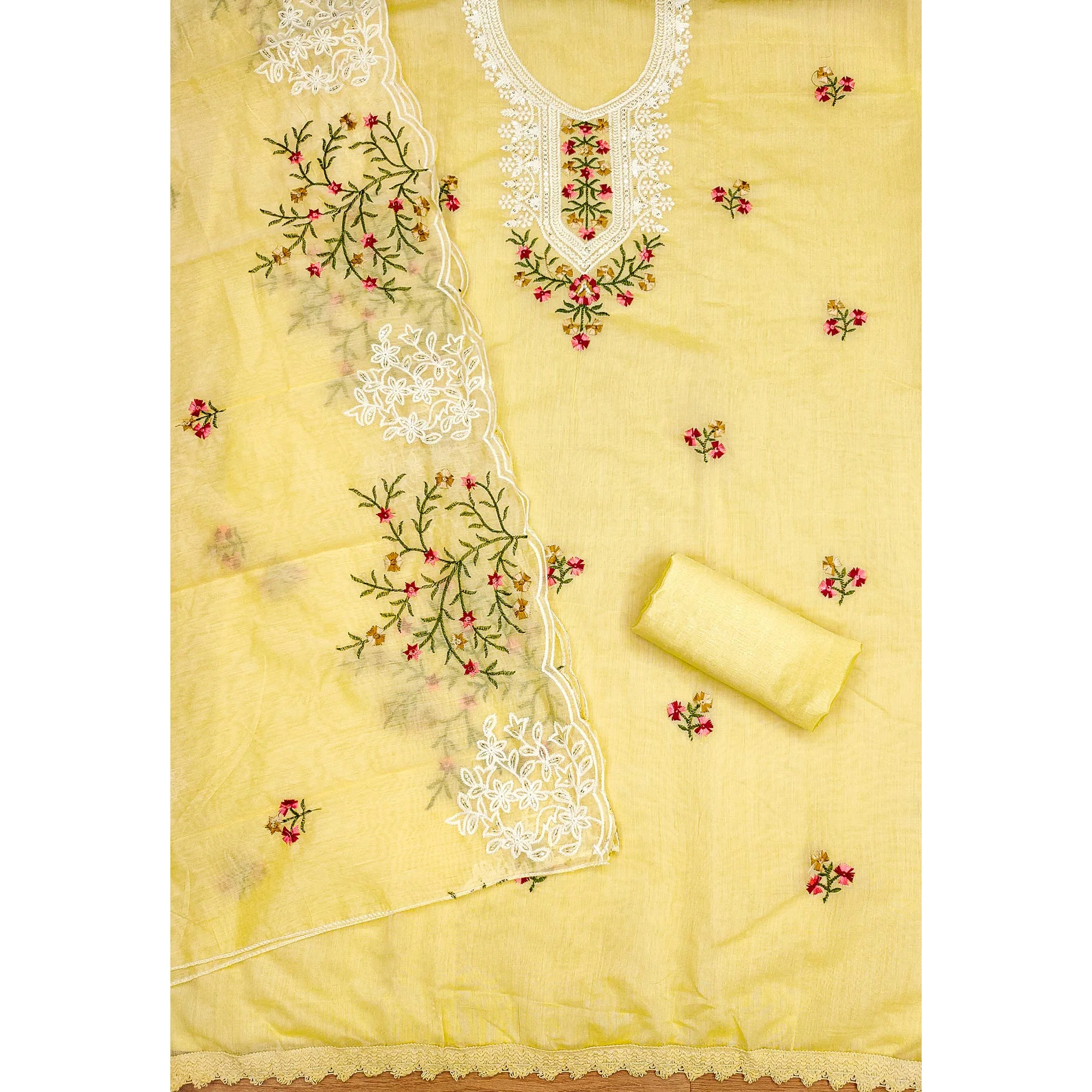 Yellow Chanderi Cotton Dress Material With Elegant Floral Sequin Embroidery - Image 4
