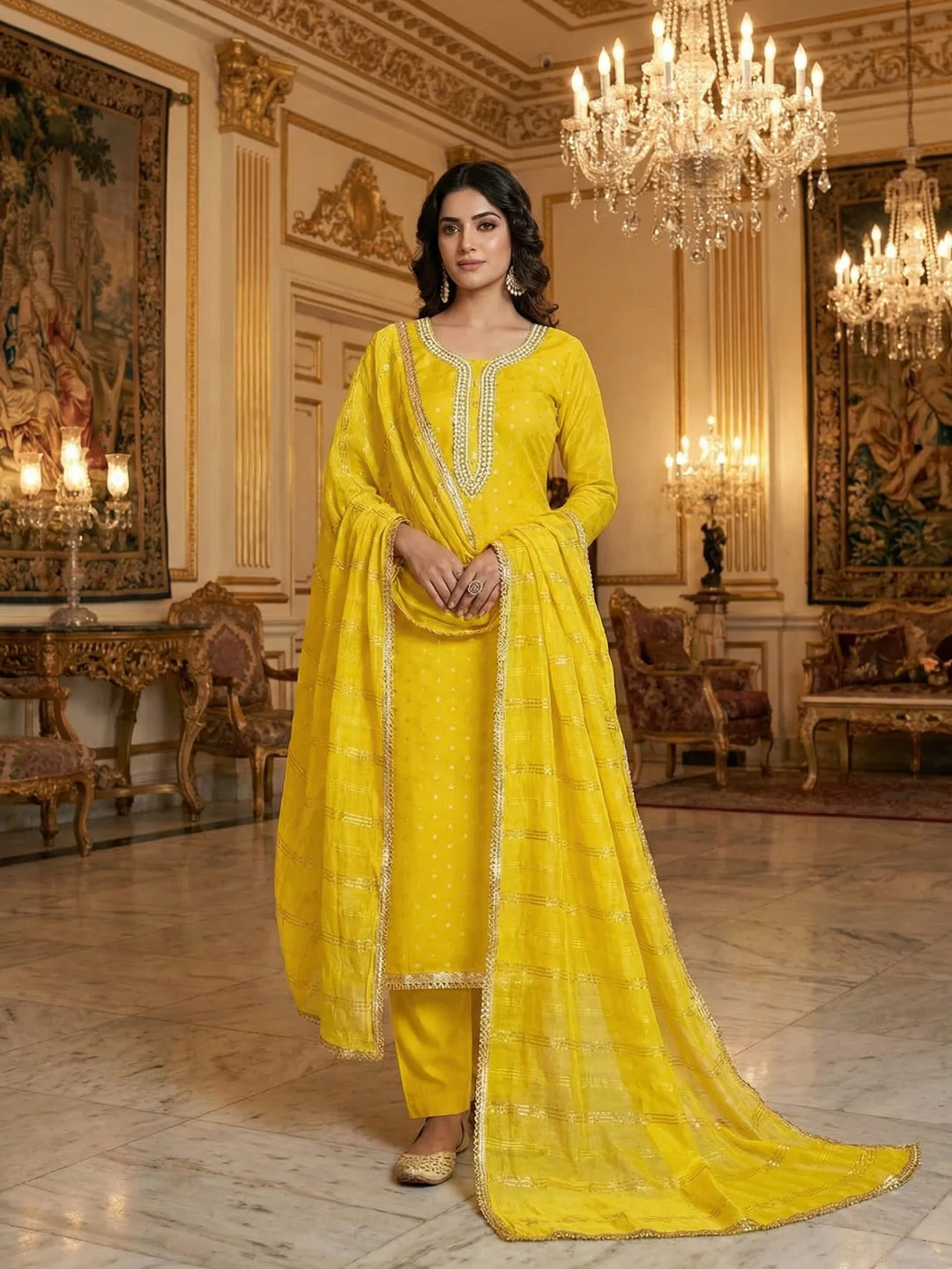 Yellow Chanderi Thread Work Embroidered Dress Material for Festive Wear