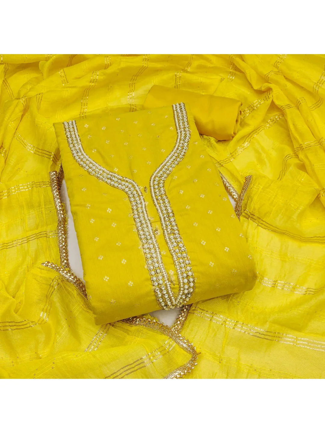Yellow Chanderi Thread Work Embroidered Dress Material for Festive Wear - Image 3