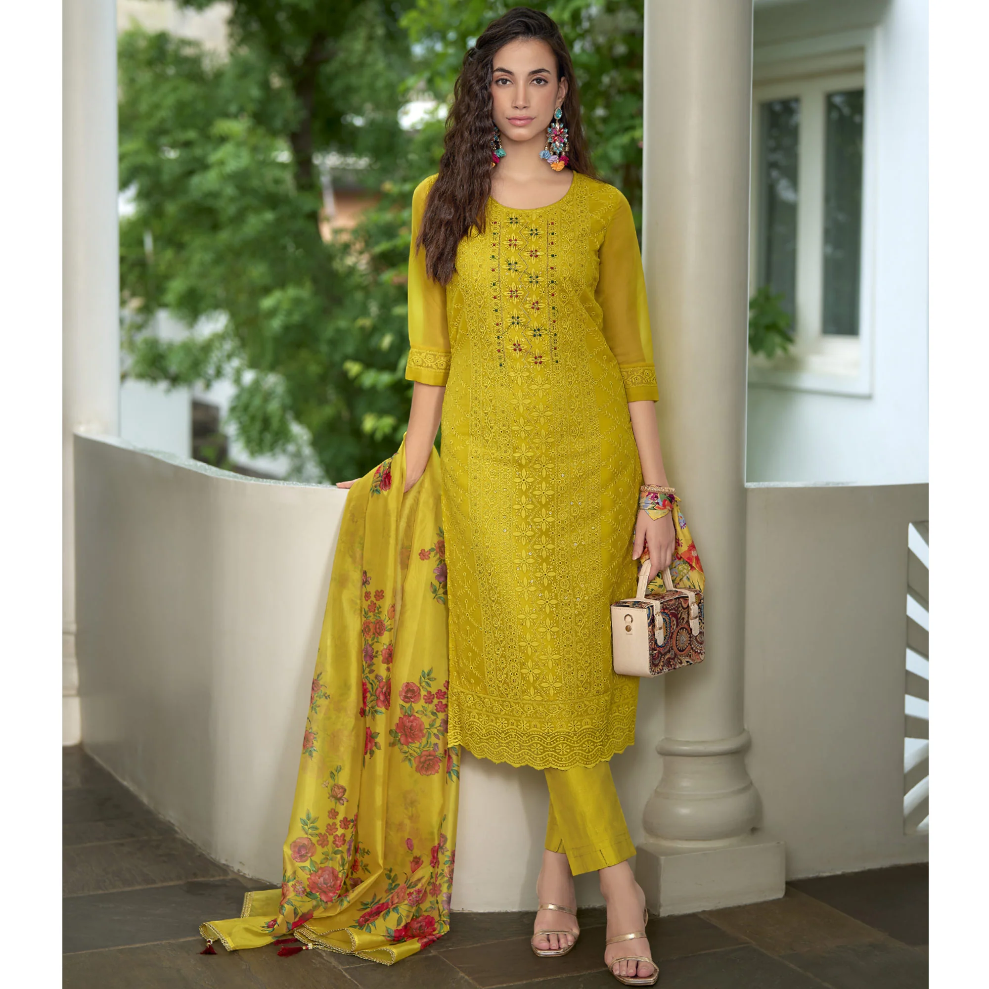 Yellow Chikankari With Handwork Organza Salwar Suit - Image 4