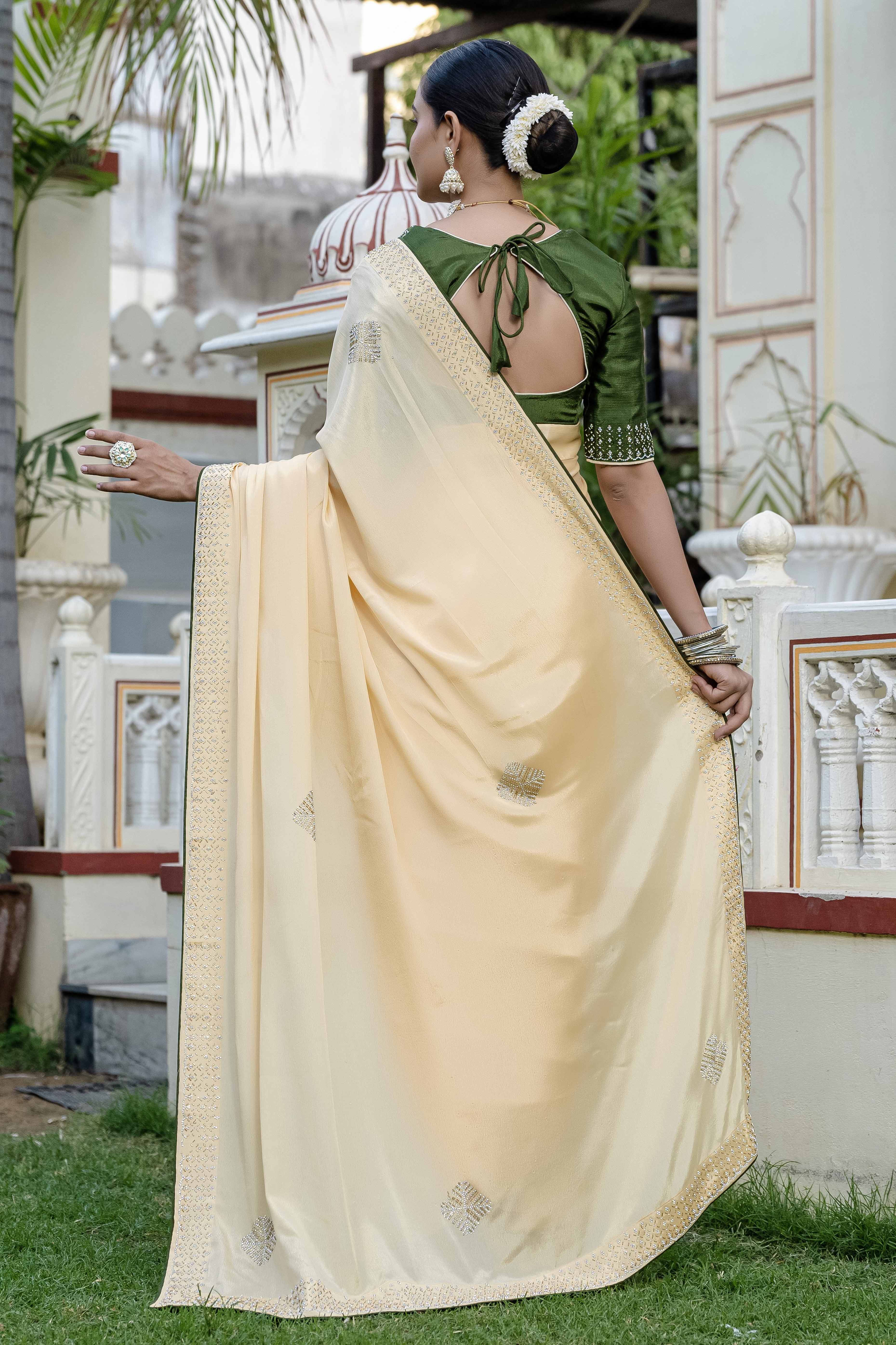 Yellow Chinon Saree Adorned With Scattered Buttas & Intricate Beads & Zarkan Handwork - Image 5