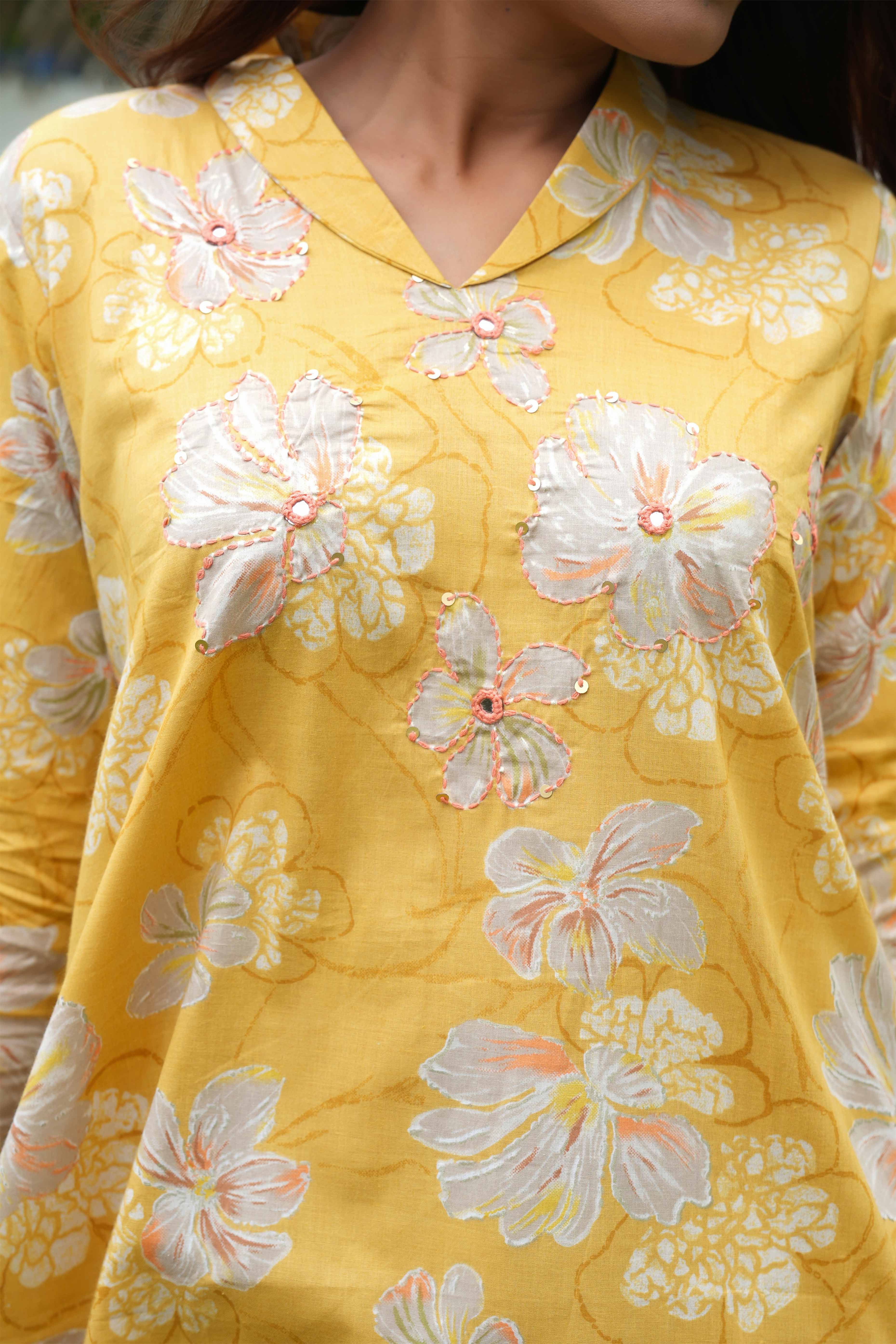 Yellow Co-Ord Set in Pure Cotton with Floral Print & Hand Embroidery - Image 2