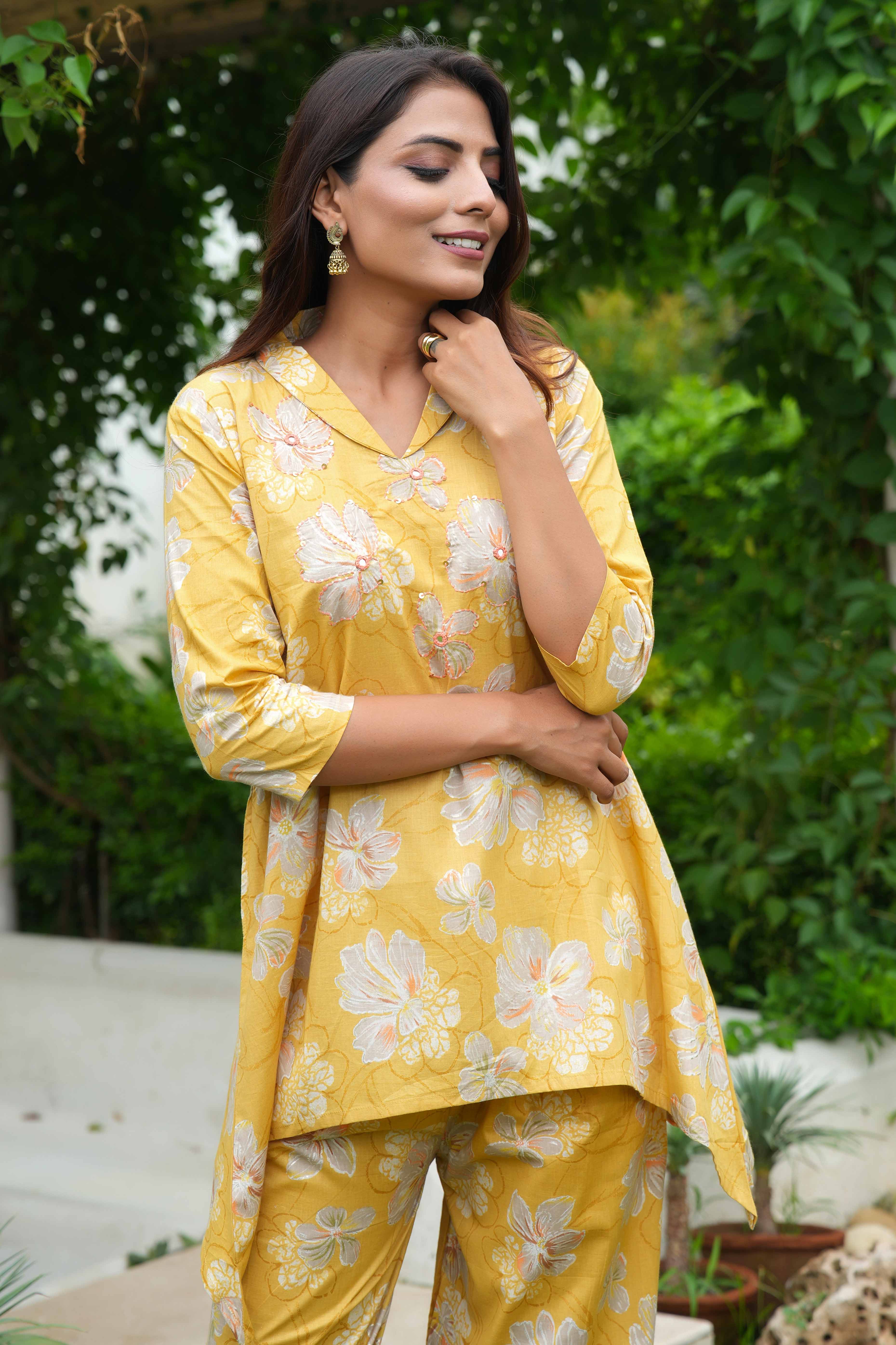 Yellow Co-Ord Set in Pure Cotton with Floral Print & Hand Embroidery - Image 7