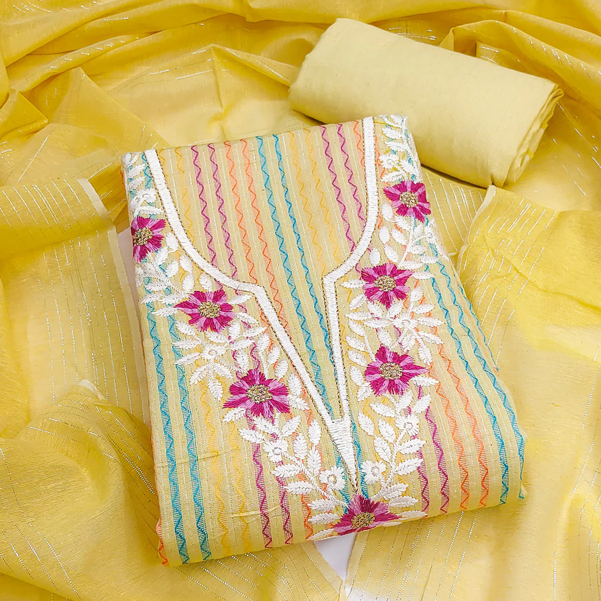 Yellow Cotton Blend Dress Material Highlighted With Floral Embroidery & Modern Stripes - Image 2