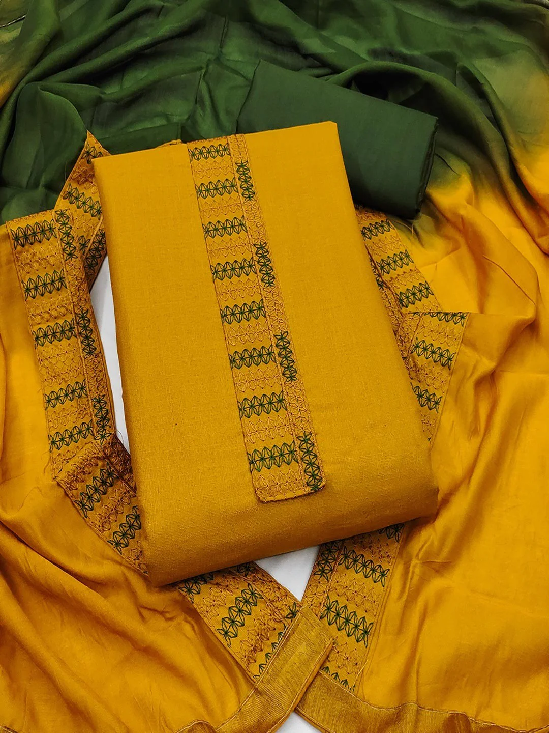 Yellow Cotton Blend Dress Material with Intricate Embroidered Yoke and Ombre-Shaded Dupatta - Image 2