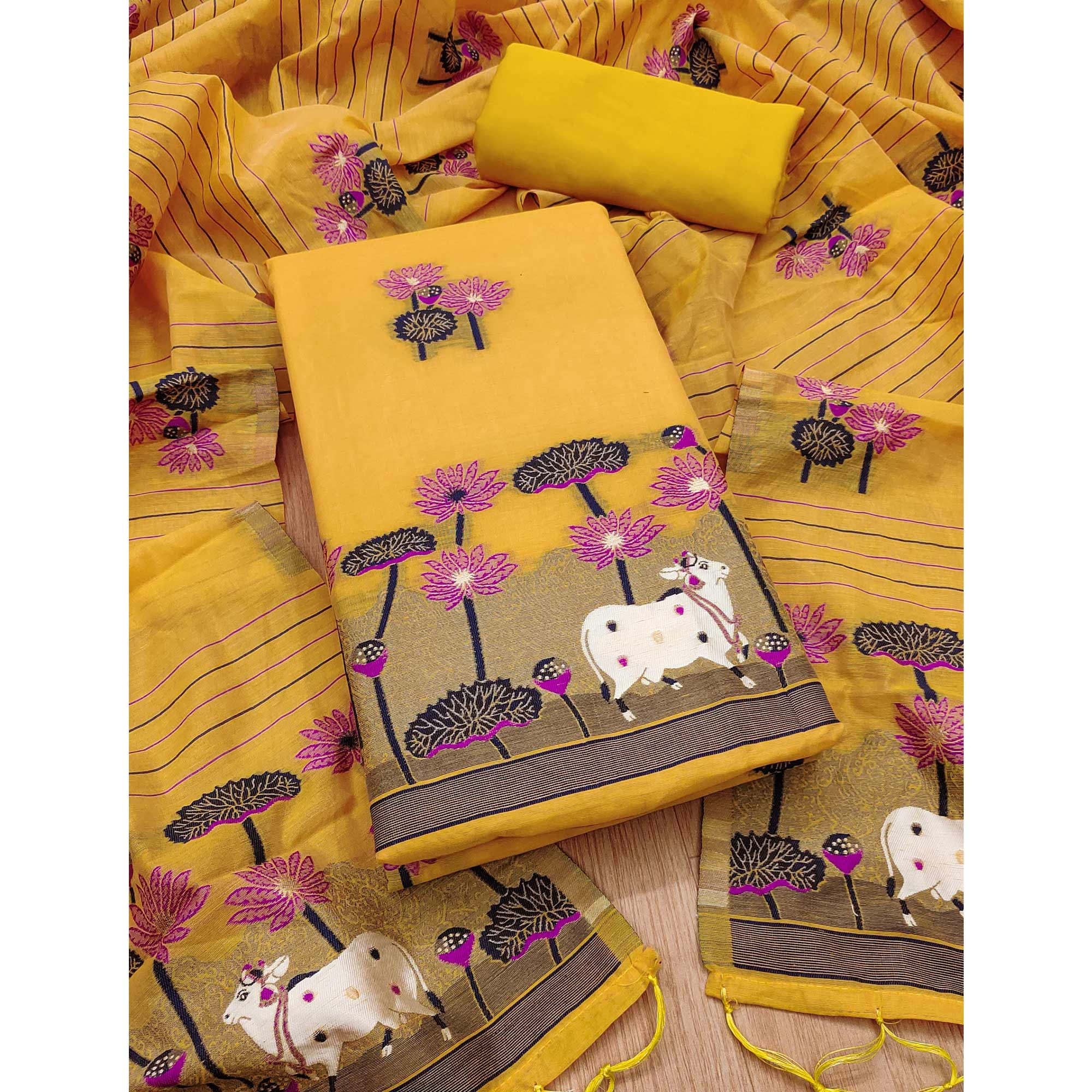 Yellow Cotton Blend Dress Material With Intricate Floral Zari Weaving Detail - Image 3