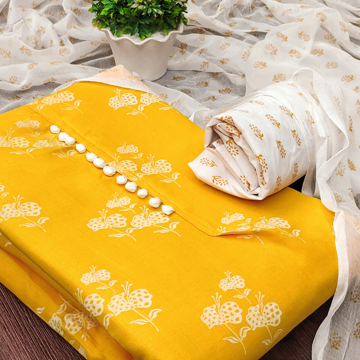 Yellow Cotton Blend Floral Printed Dress Material - Image 2