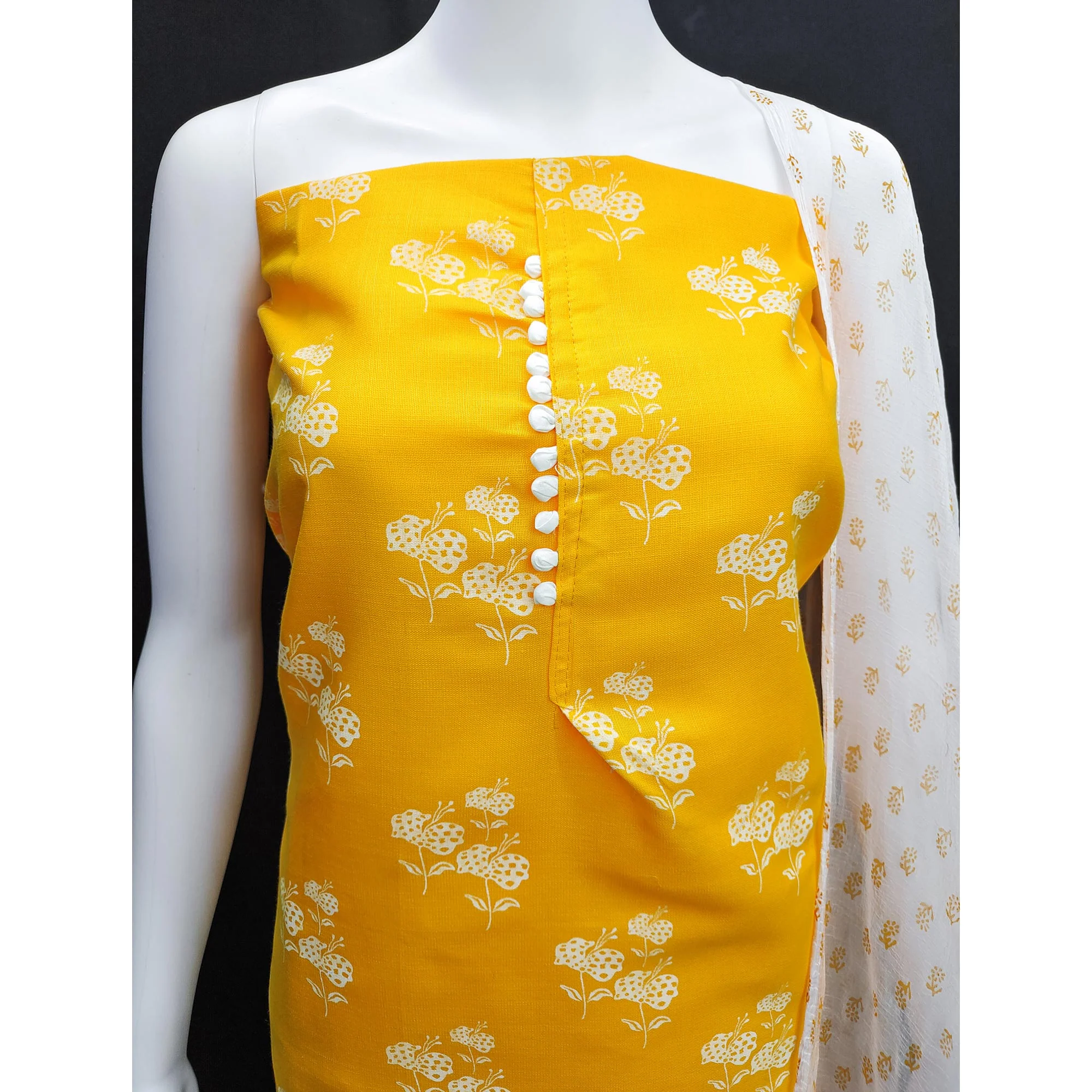 Yellow Cotton Blend Floral Printed Dress Material - Image 6