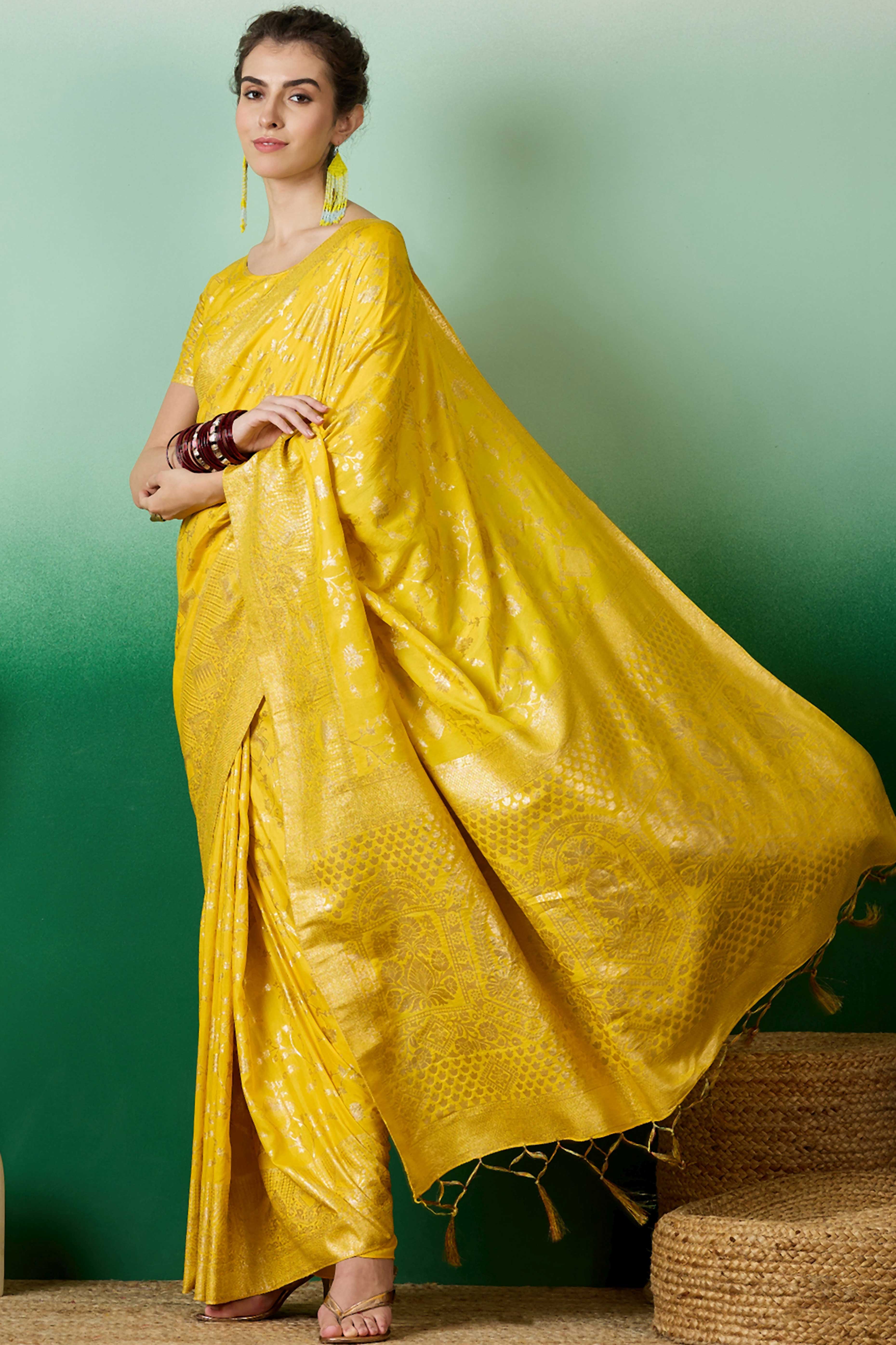 Yellow Cotton Blend Saree With Intricate Floral Zari Weaving & Soft Tassel - Image 4