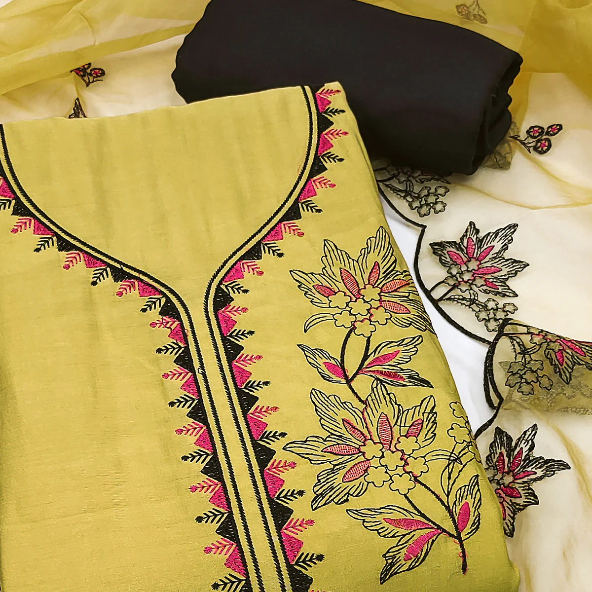 Yellow Cotton Silk Dress Material With Intricate Floral Thread Embroidery - Image 2