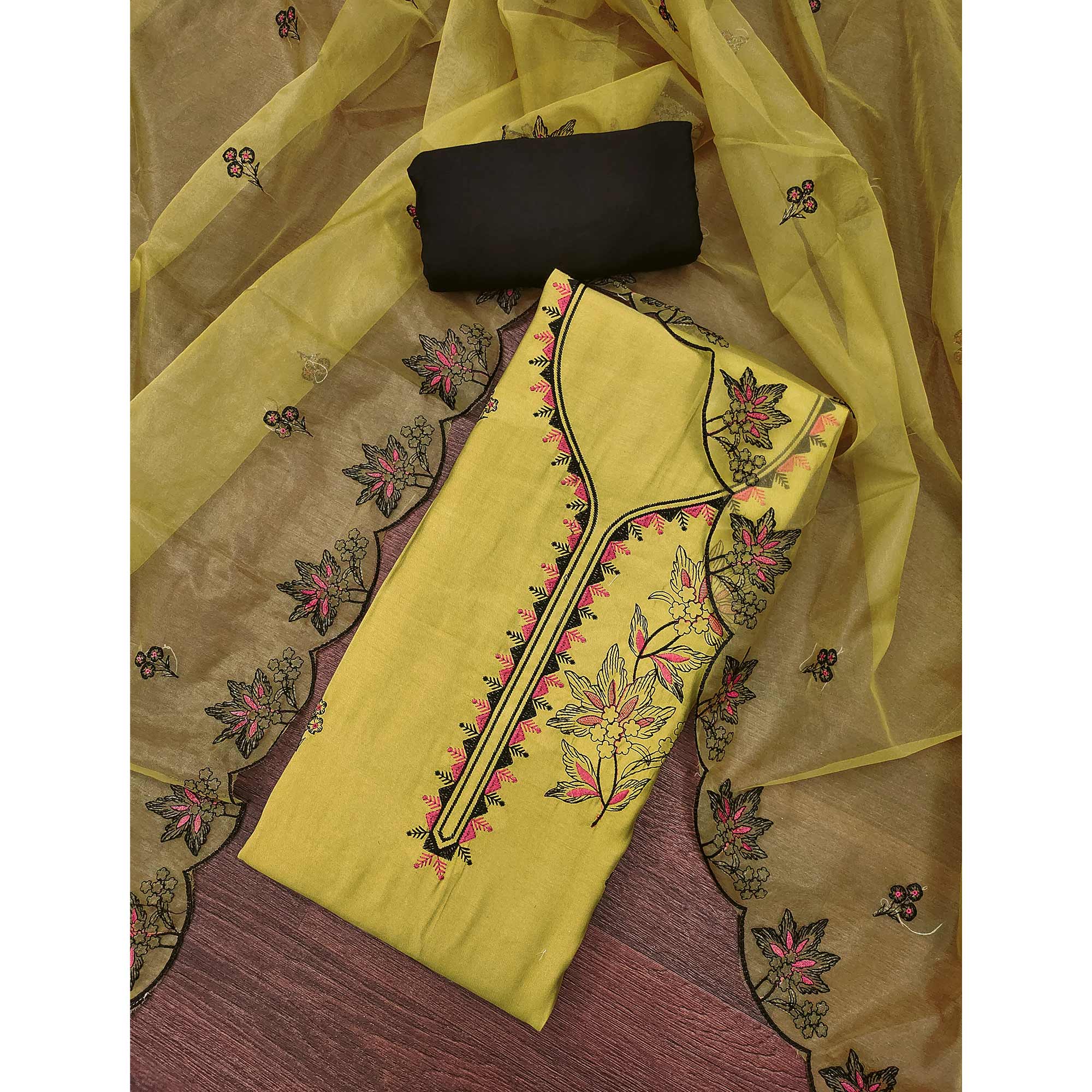 Yellow Cotton Silk Dress Material With Intricate Floral Thread Embroidery - Image 3