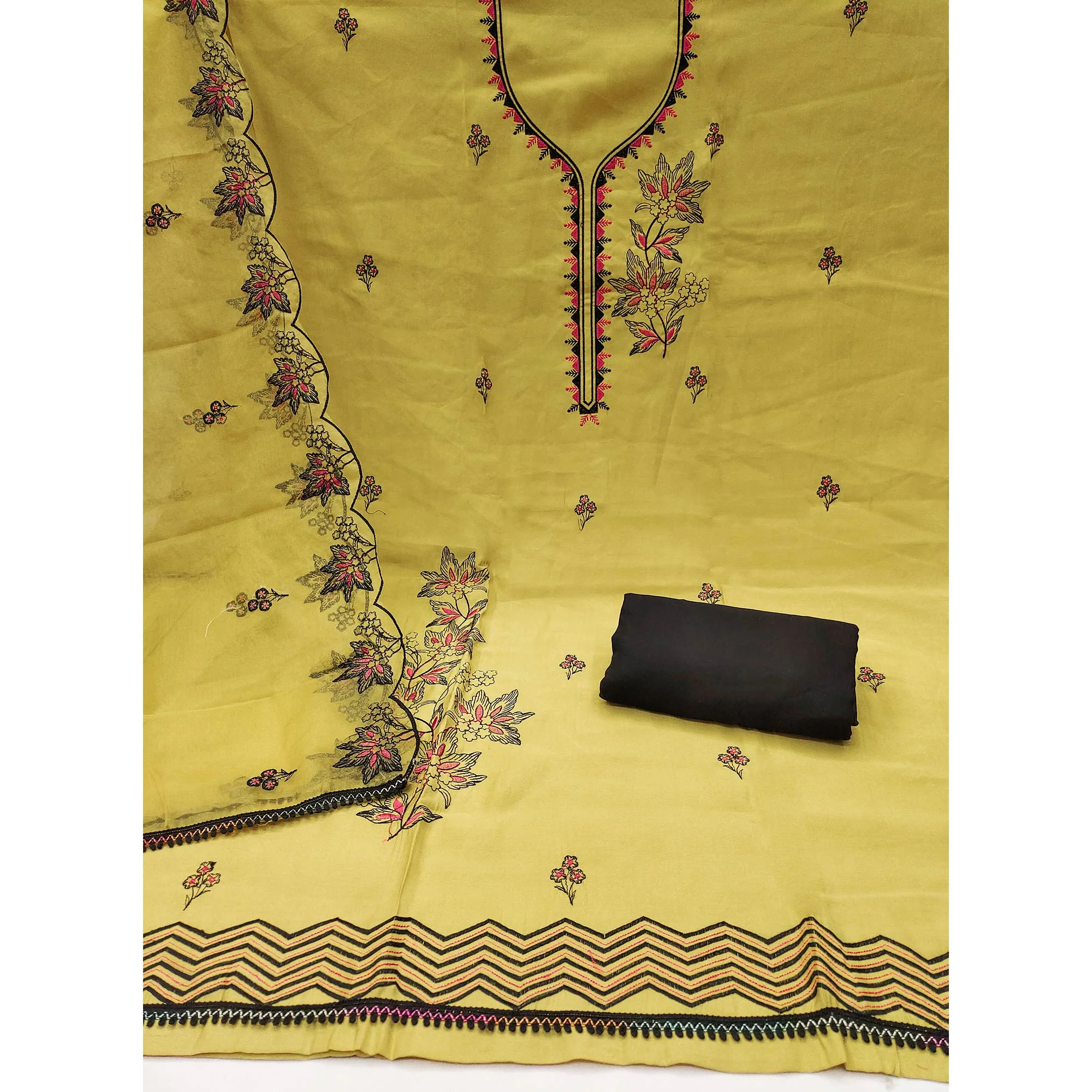 Yellow Cotton Silk Dress Material With Intricate Floral Thread Embroidery - Image 4