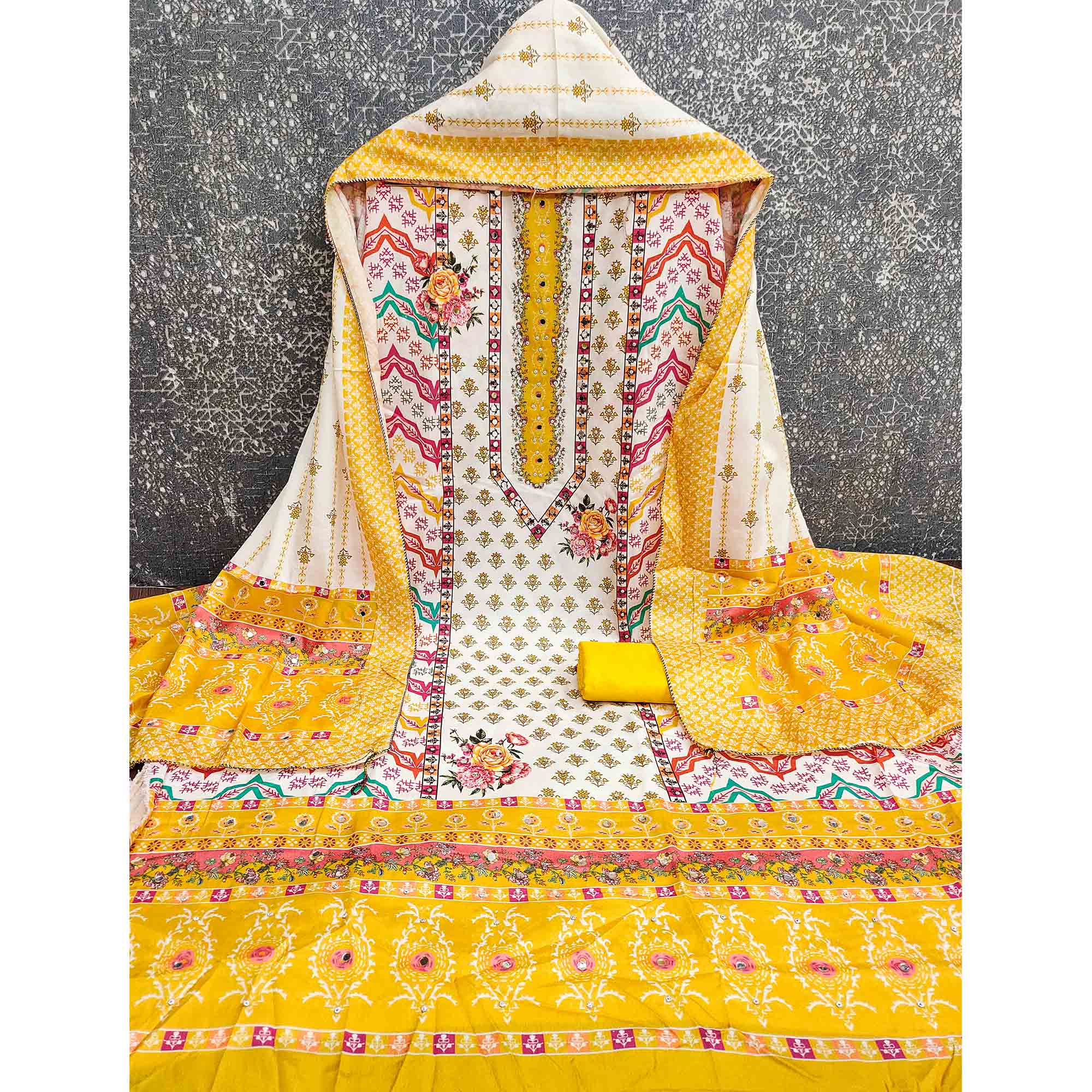 Yellow Crepe Dress Material With Vibrant Floral Digital Print & Mirror Embellishment - Image 4