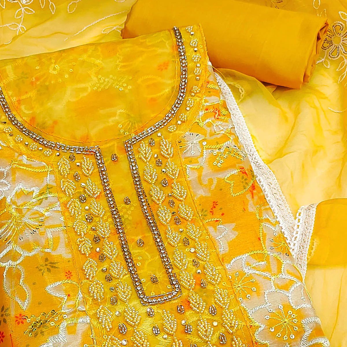 Yellow Delicate Floral Sequins & Hand Embellishments On Flowing Organza Dress Material - Image 2