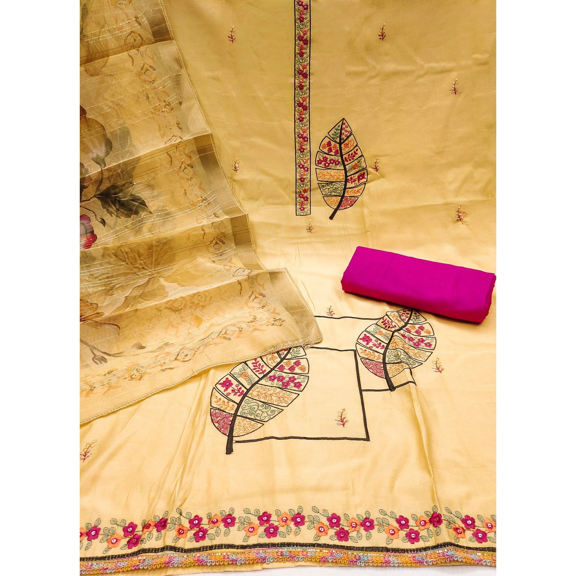 Yellow Delight Floral Sequins Embroidered Cotton Silk Dress Material - Image 4