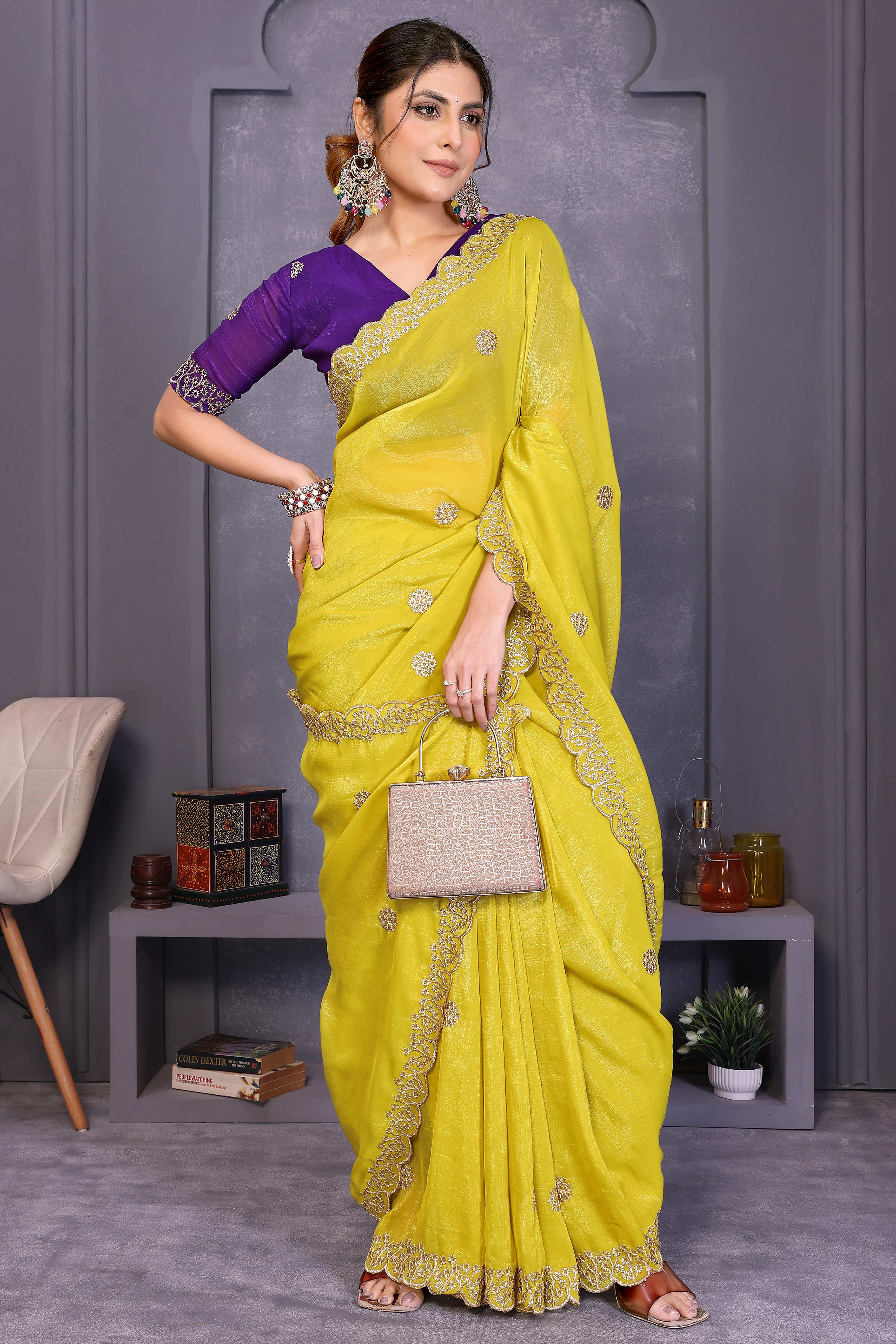 Yellow Designer Crunchy Saree Enhanced with Delicate Thread Work Embroidery - Image 2