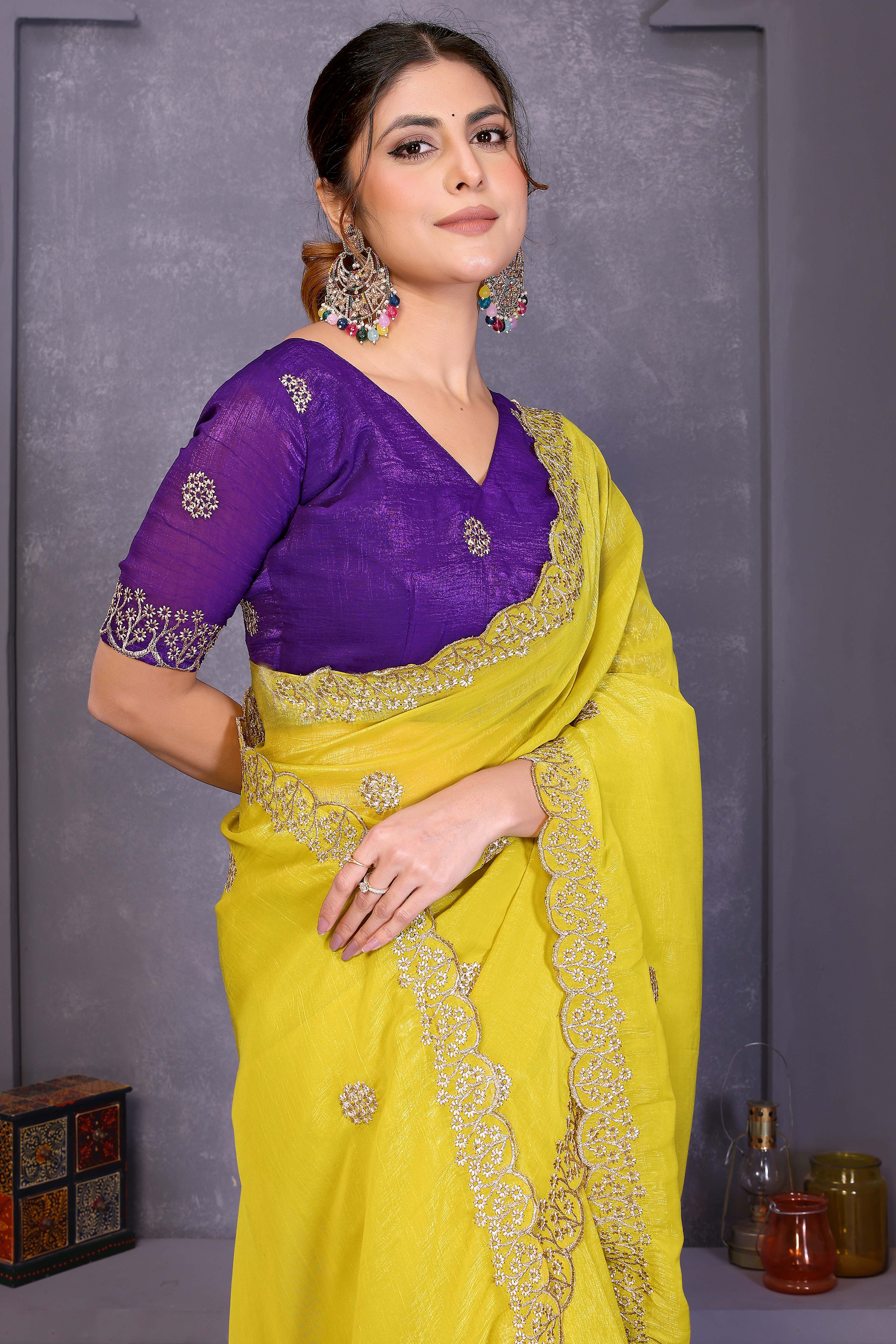 Yellow Designer Crunchy Saree Enhanced with Delicate Thread Work Embroidery - Image 5