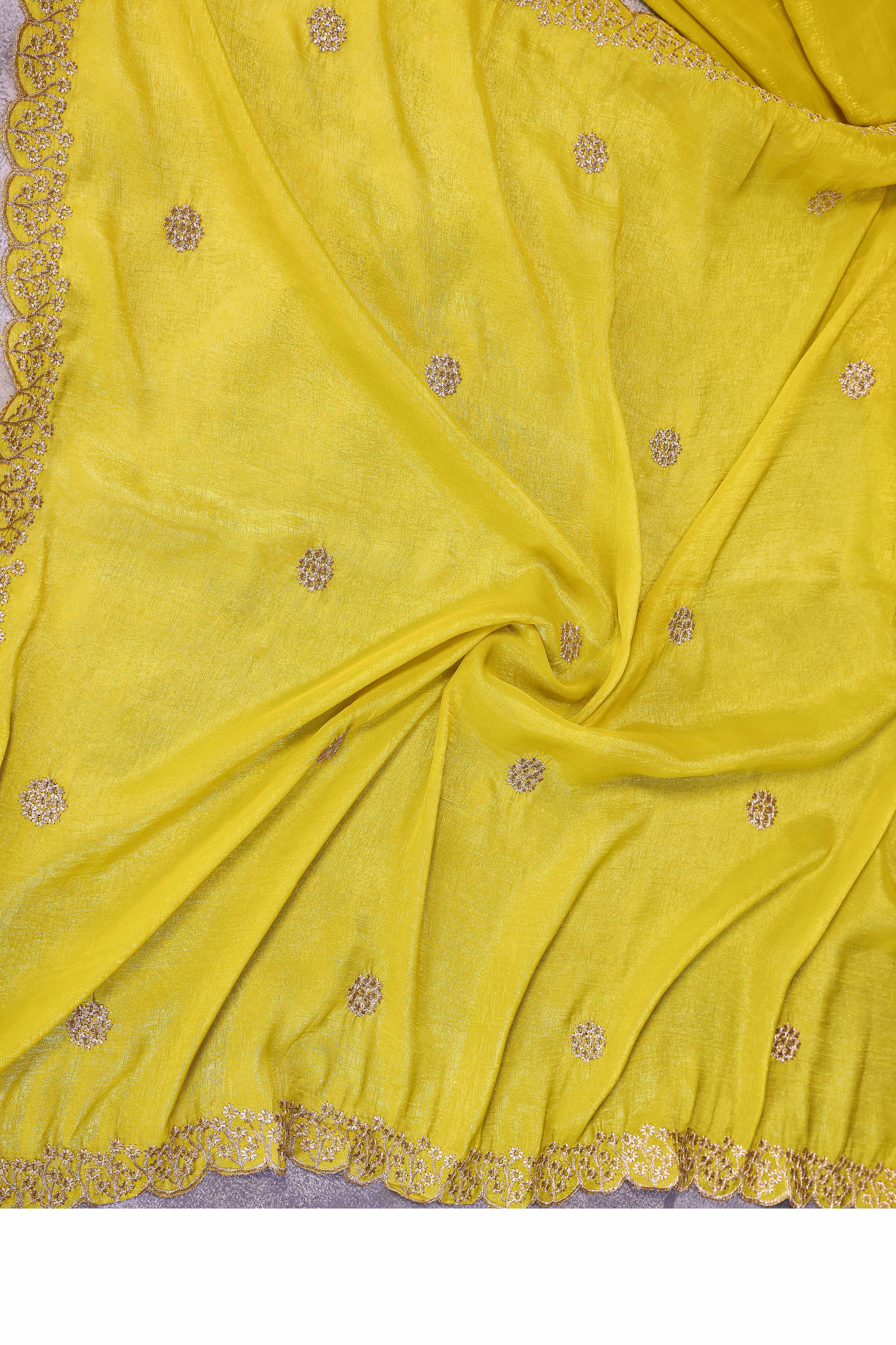 Yellow Designer Crunchy Saree Enhanced with Delicate Thread Work Embroidery - Image 7