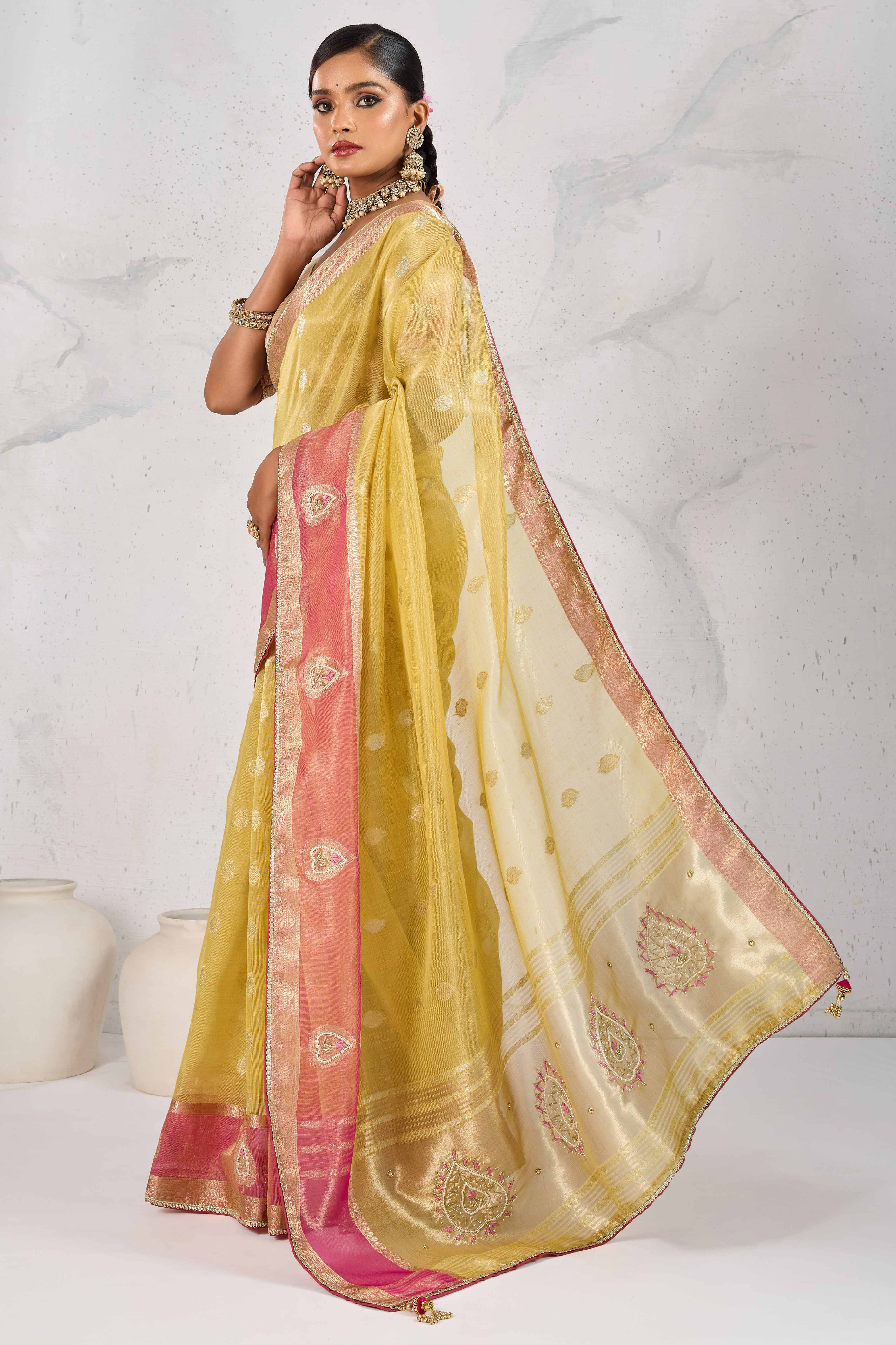 Yellow Designer Tissue Linen Woven Saree with Luxe Zari and Beads Work - Image 3