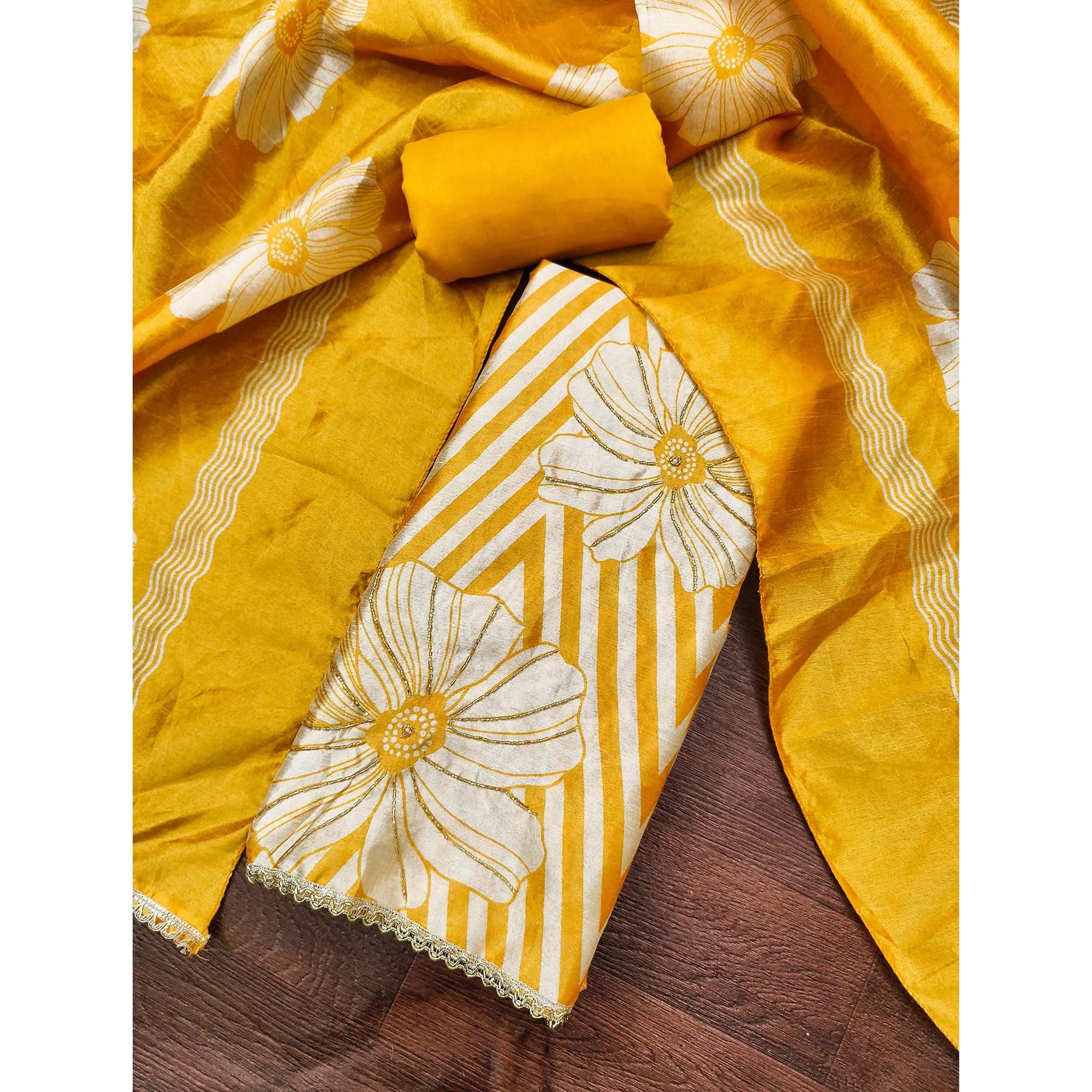 Yellow Digital Printed Cotton Silk Dress Material Featuring Floral & Zig Zag Patterns With Handwork - Image 3