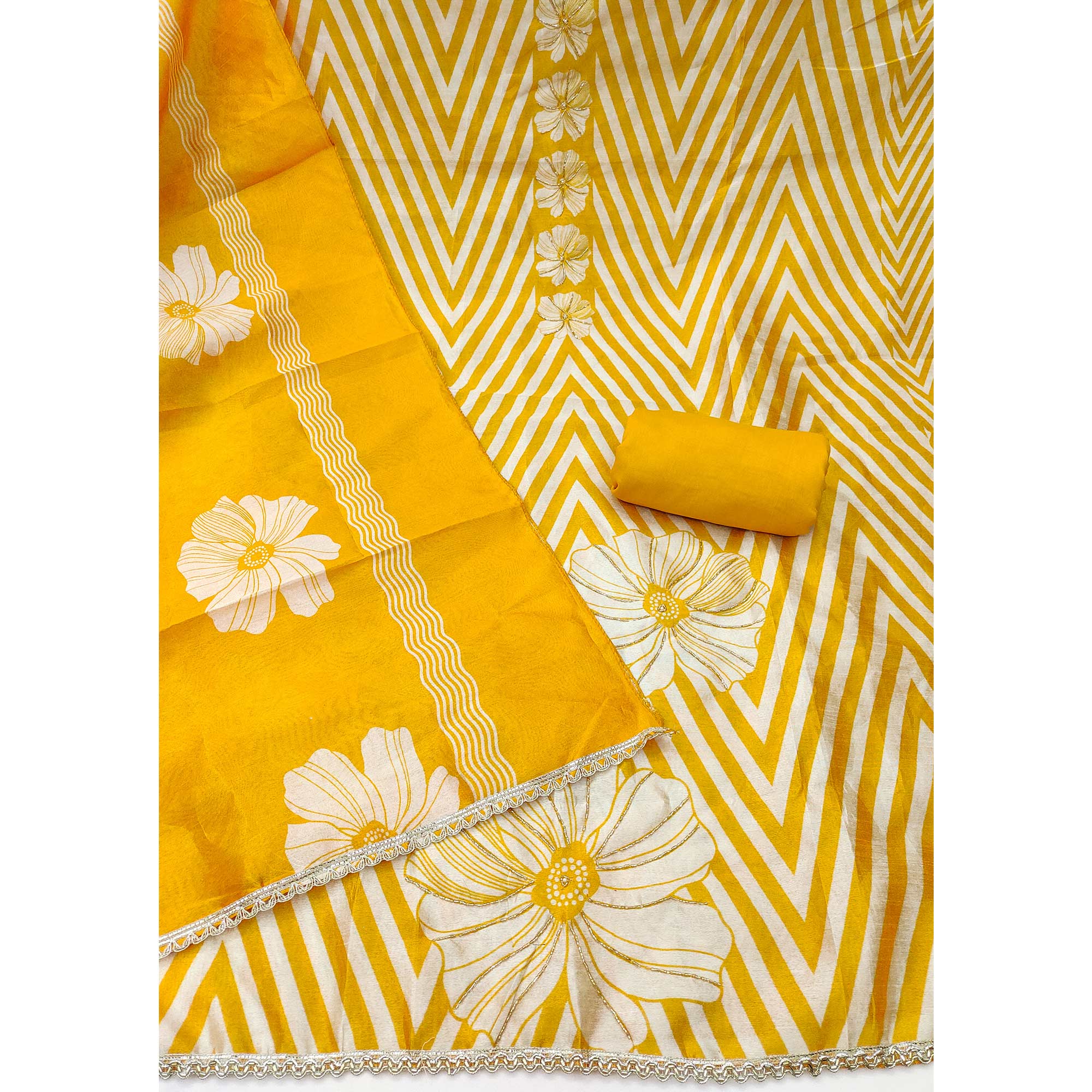 Yellow Digital Printed Cotton Silk Dress Material Featuring Floral & Zig Zag Patterns With Handwork - Image 4