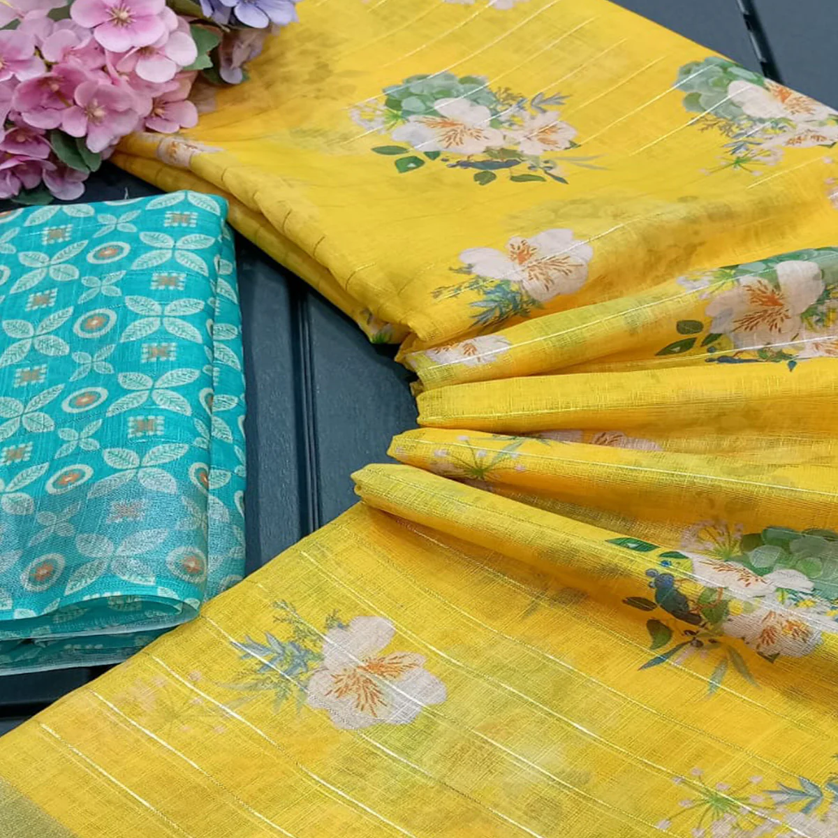 Yellow Digital Printed With Zari Work Linen Cotton Saree - Image 2