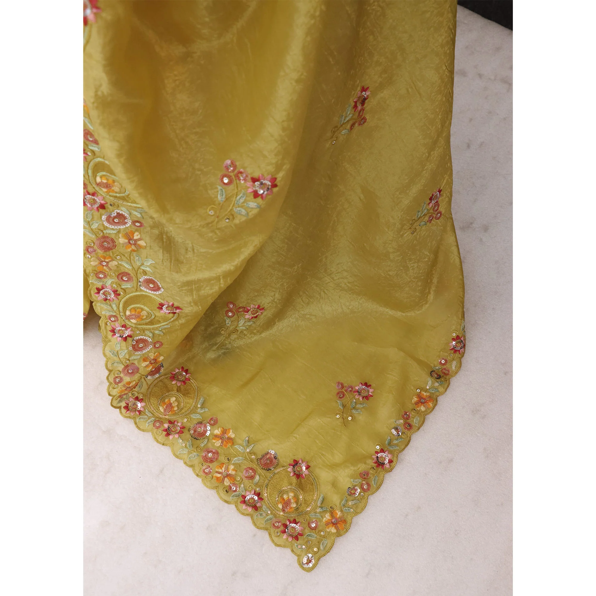 Yellow Elegance Cotton Silk Saree with Floral Sequins Embroidery - Image 9