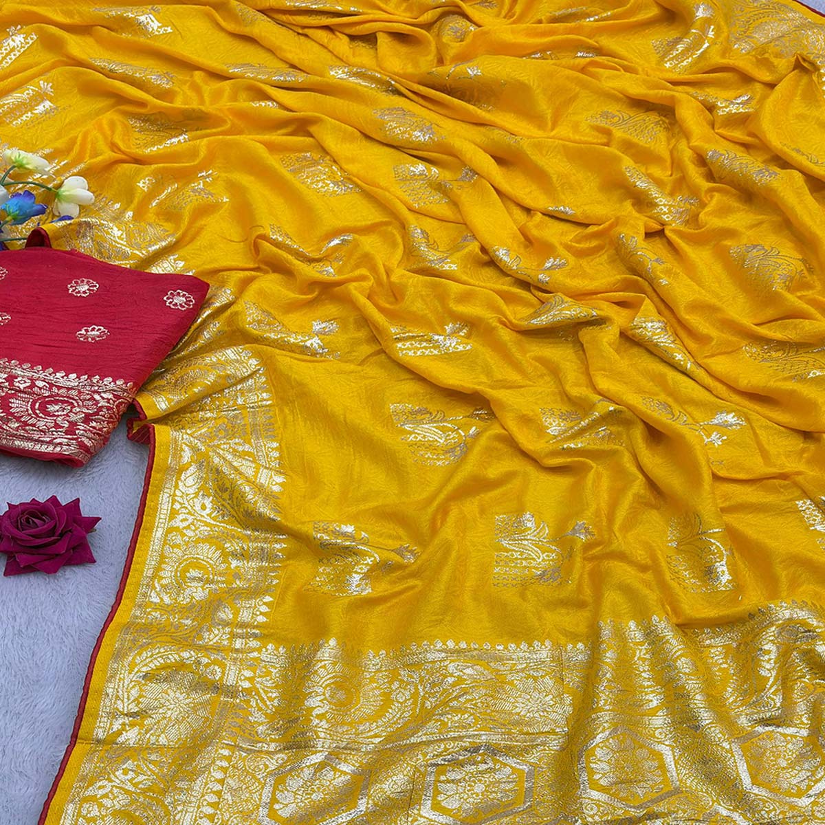 Yellow Elegant Soft Muslin Saree with Fine Meenakari Zari Woven Motifs - Image 2