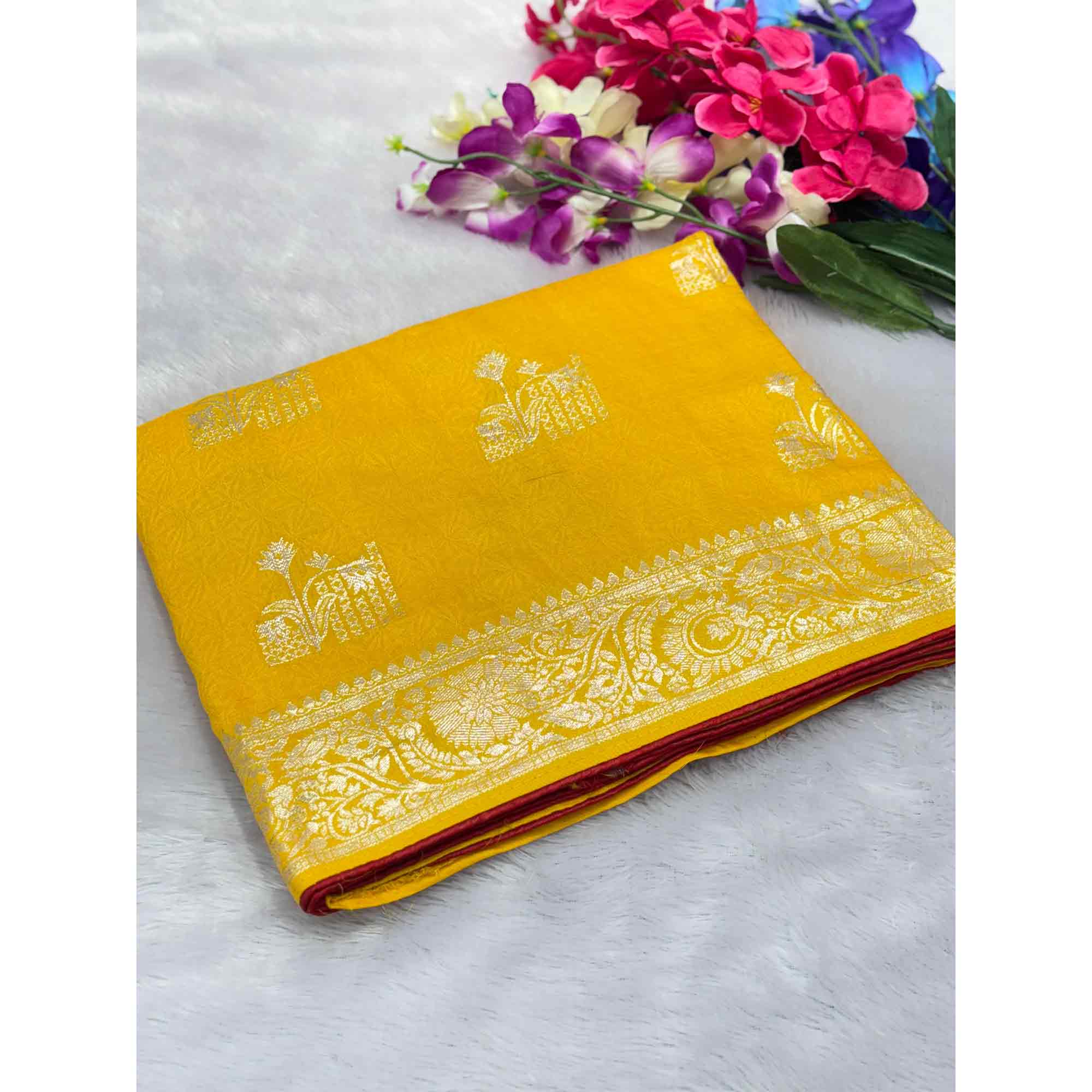 Yellow Elegant Soft Muslin Saree with Fine Meenakari Zari Woven Motifs - Image 4