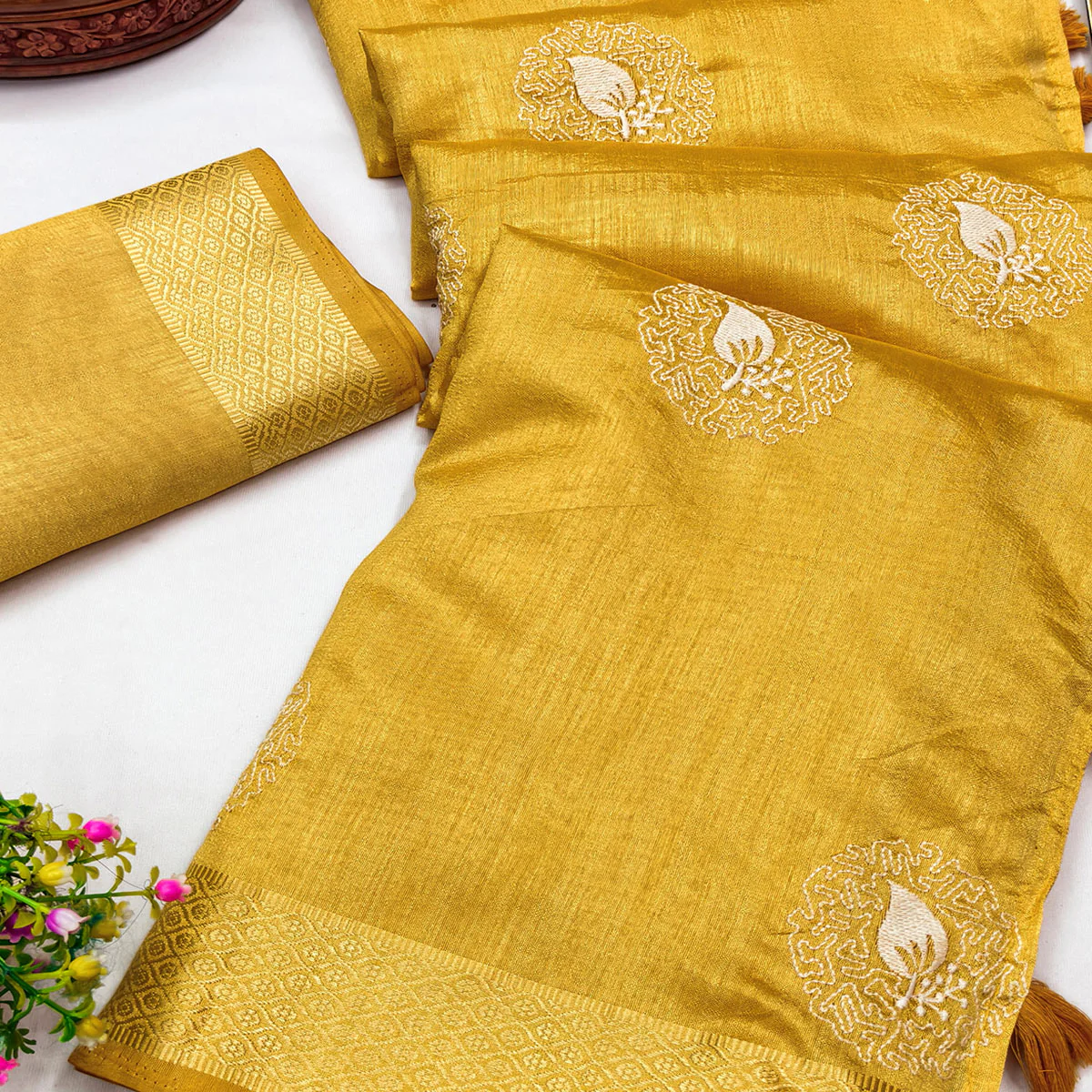 Yellow Embroidered Art Silk Saree Adorned with Classic Zari Weaving Details - Image 2