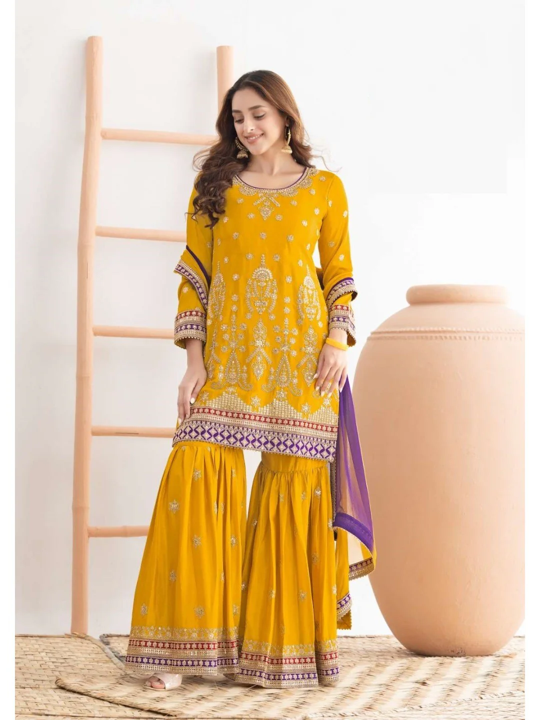 Yellow Embroidered Chinon Semi-Stitched Sharara Style Suit