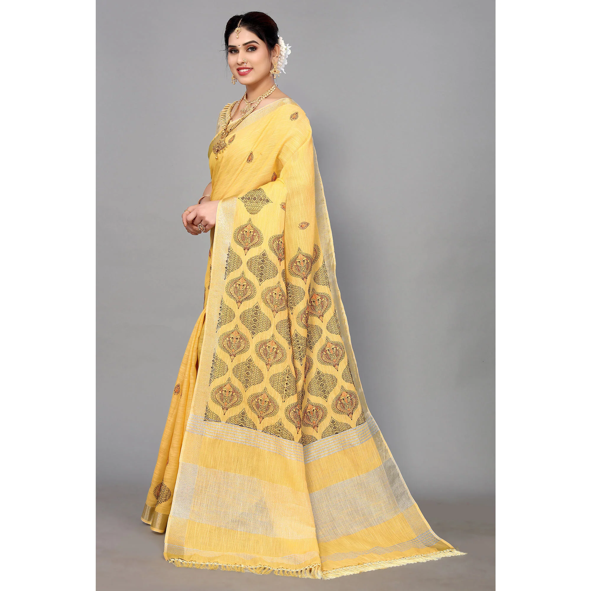 Yellow Embroidered Cotton Silk Saree With Tassels - Image 5