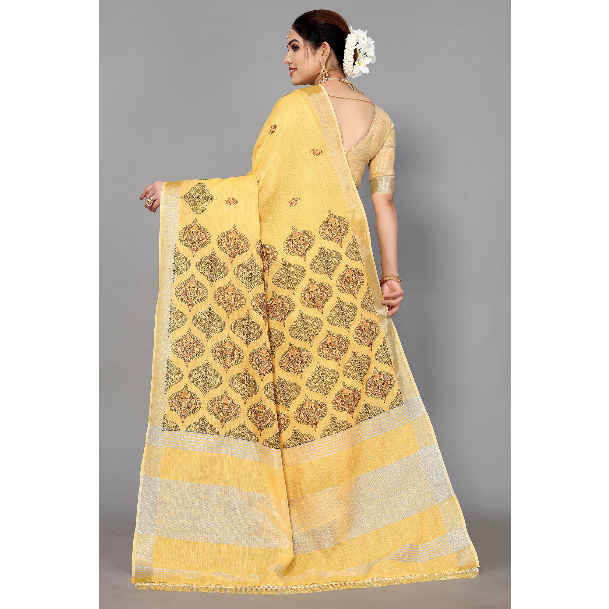 Yellow Embroidered Cotton Silk Saree With Tassels - Image 7