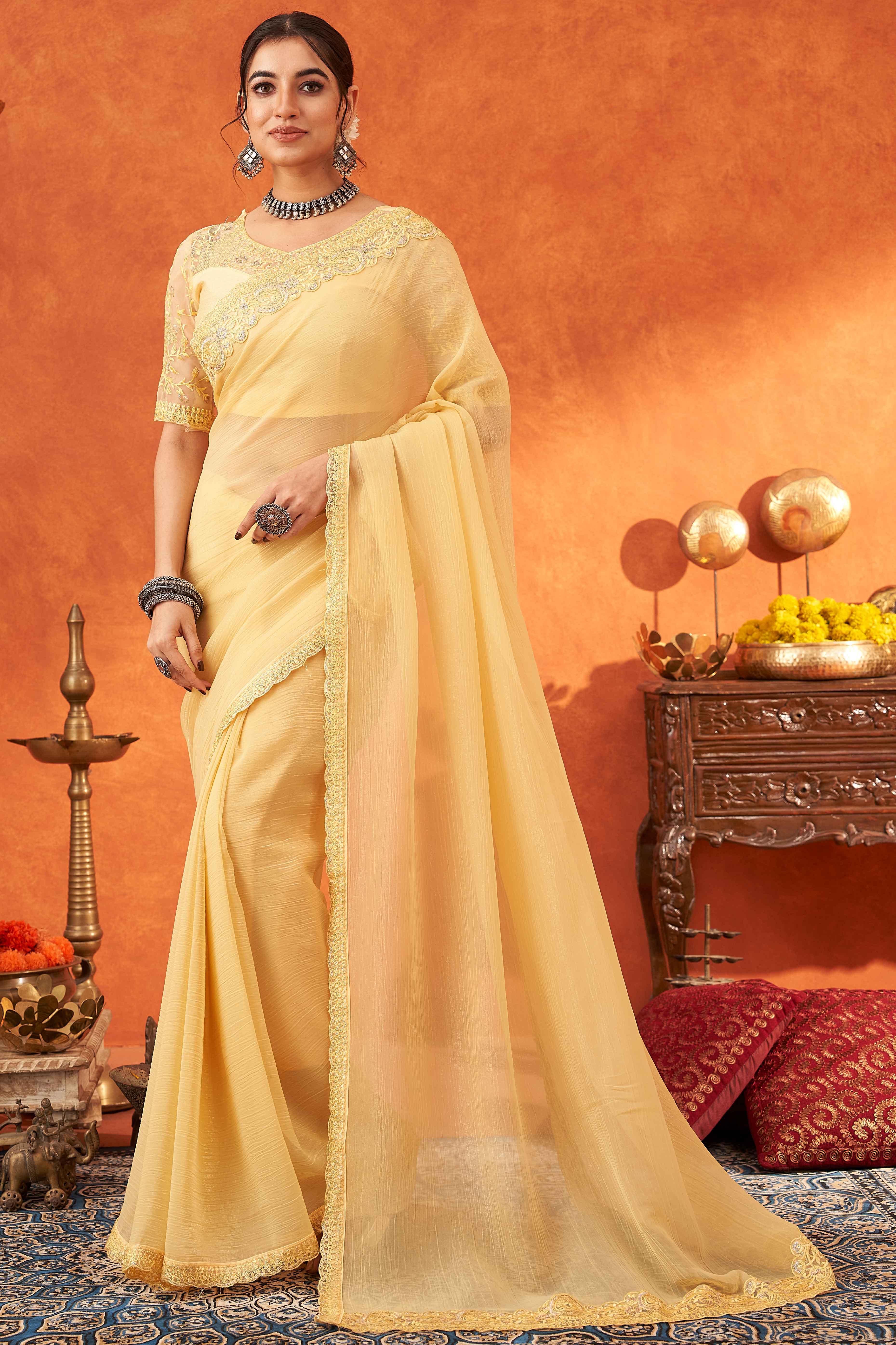 Yellow Embroidered Crunchy Soft Net Saree With Embellished Border - Image 5