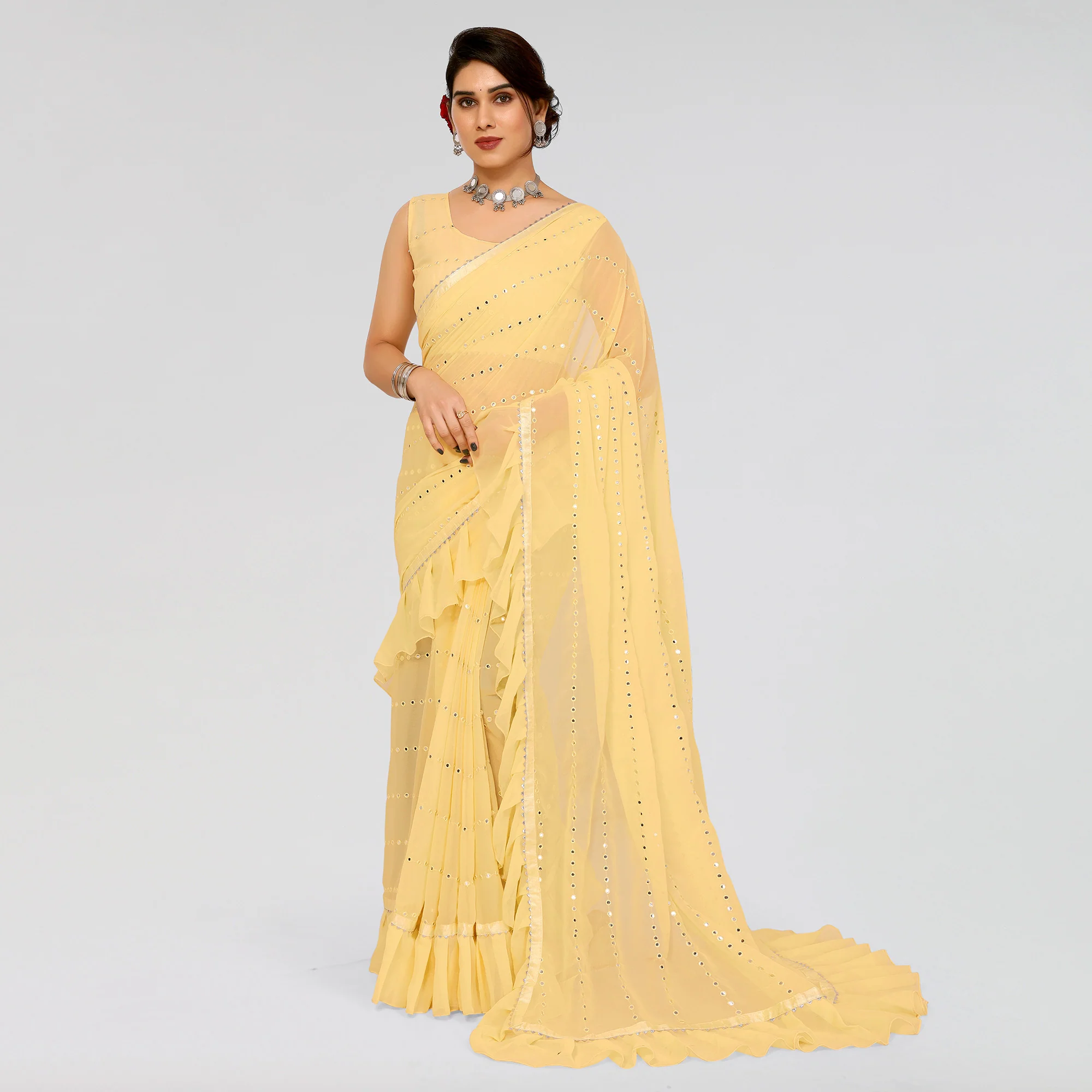 Yellow Embroidered Georgette Ruffle Saree - Image 2