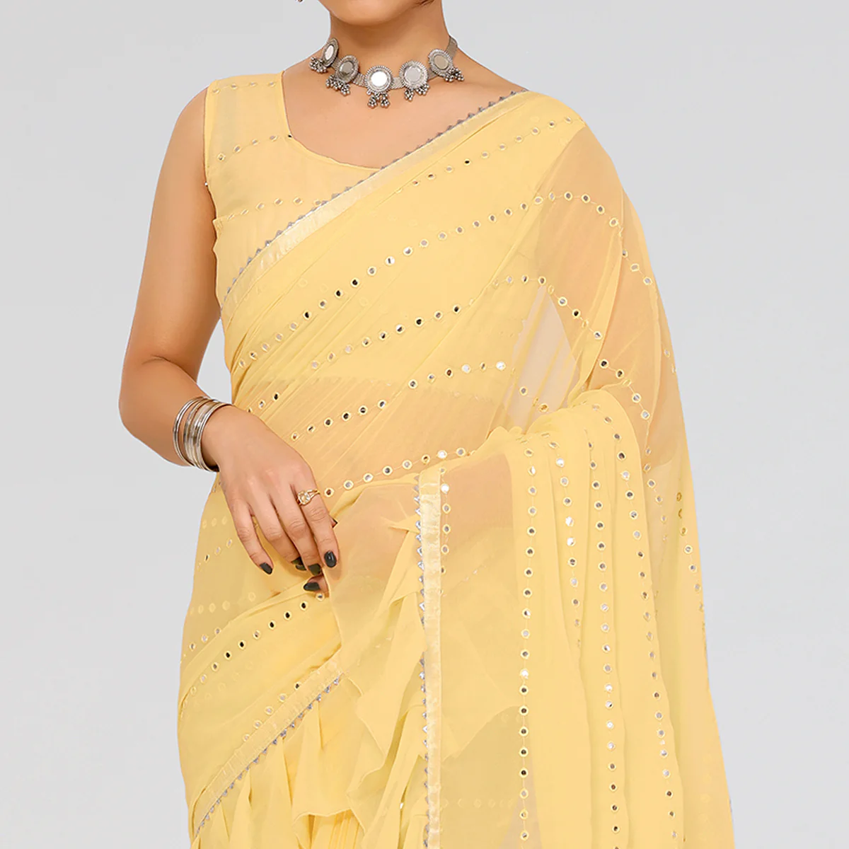 Yellow Embroidered Georgette Ruffle Saree - Image 3