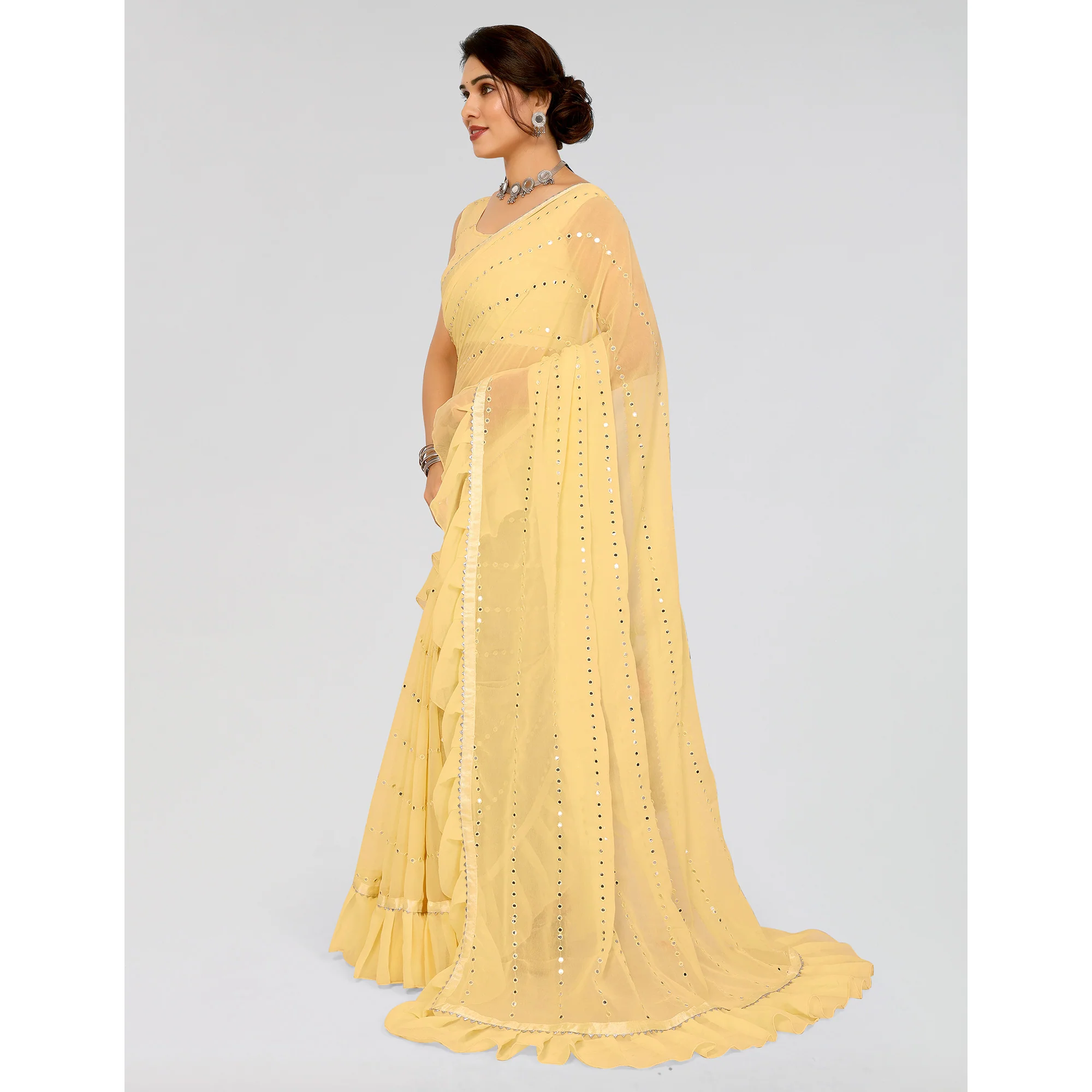 Yellow Embroidered Georgette Ruffle Saree - Image 4