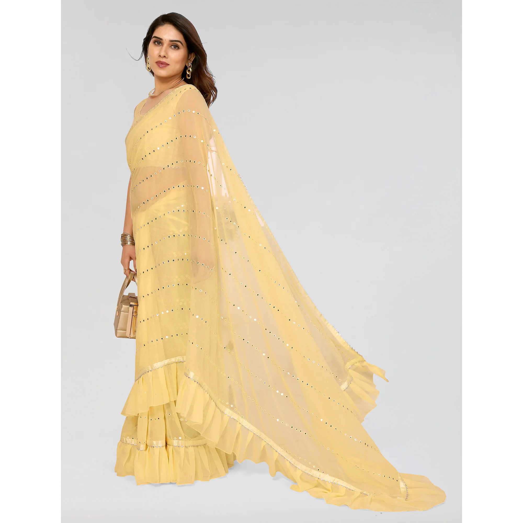 Yellow Embroidered Georgette Ruffle Saree - Image 5