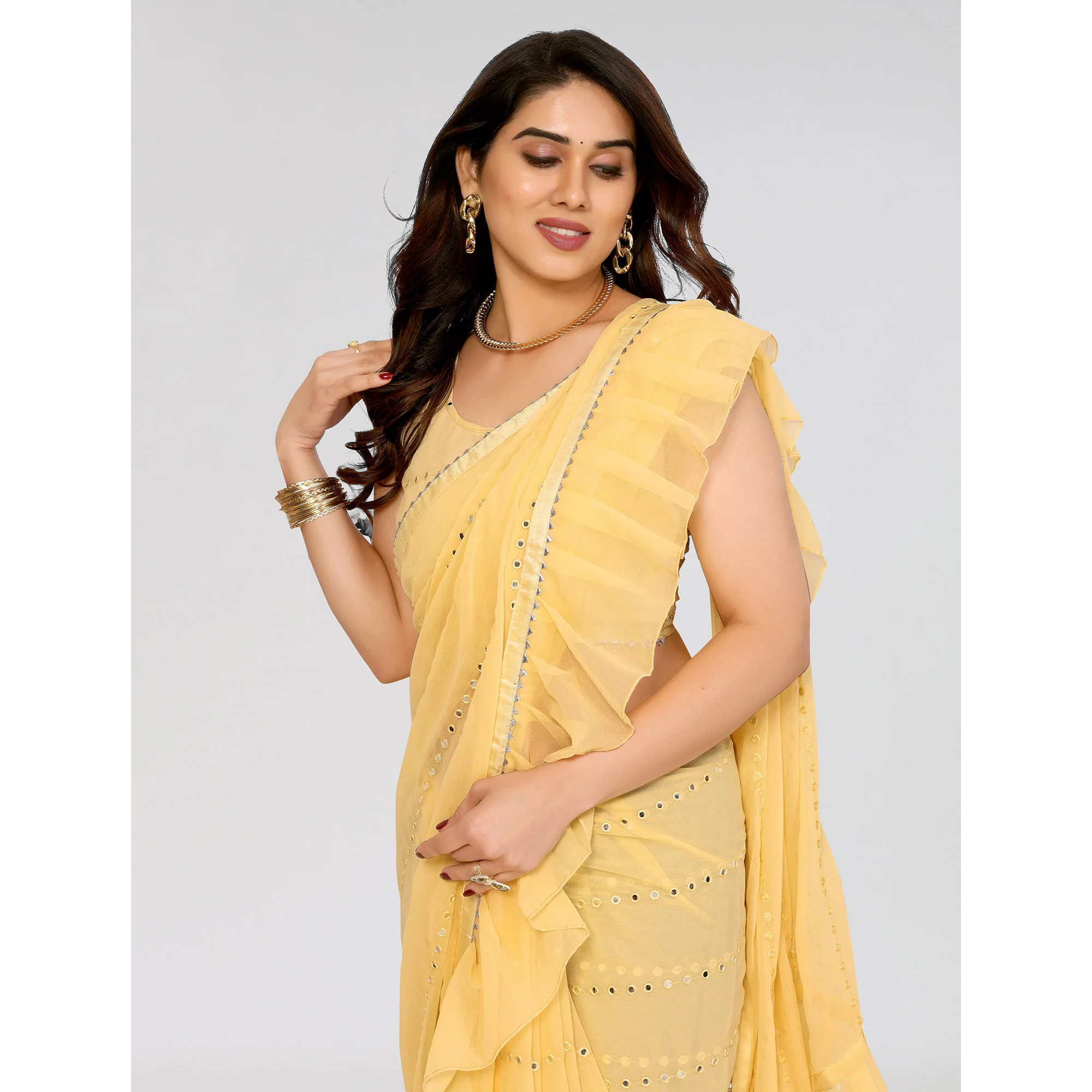 Yellow Embroidered Georgette Ruffle Saree - Image 7