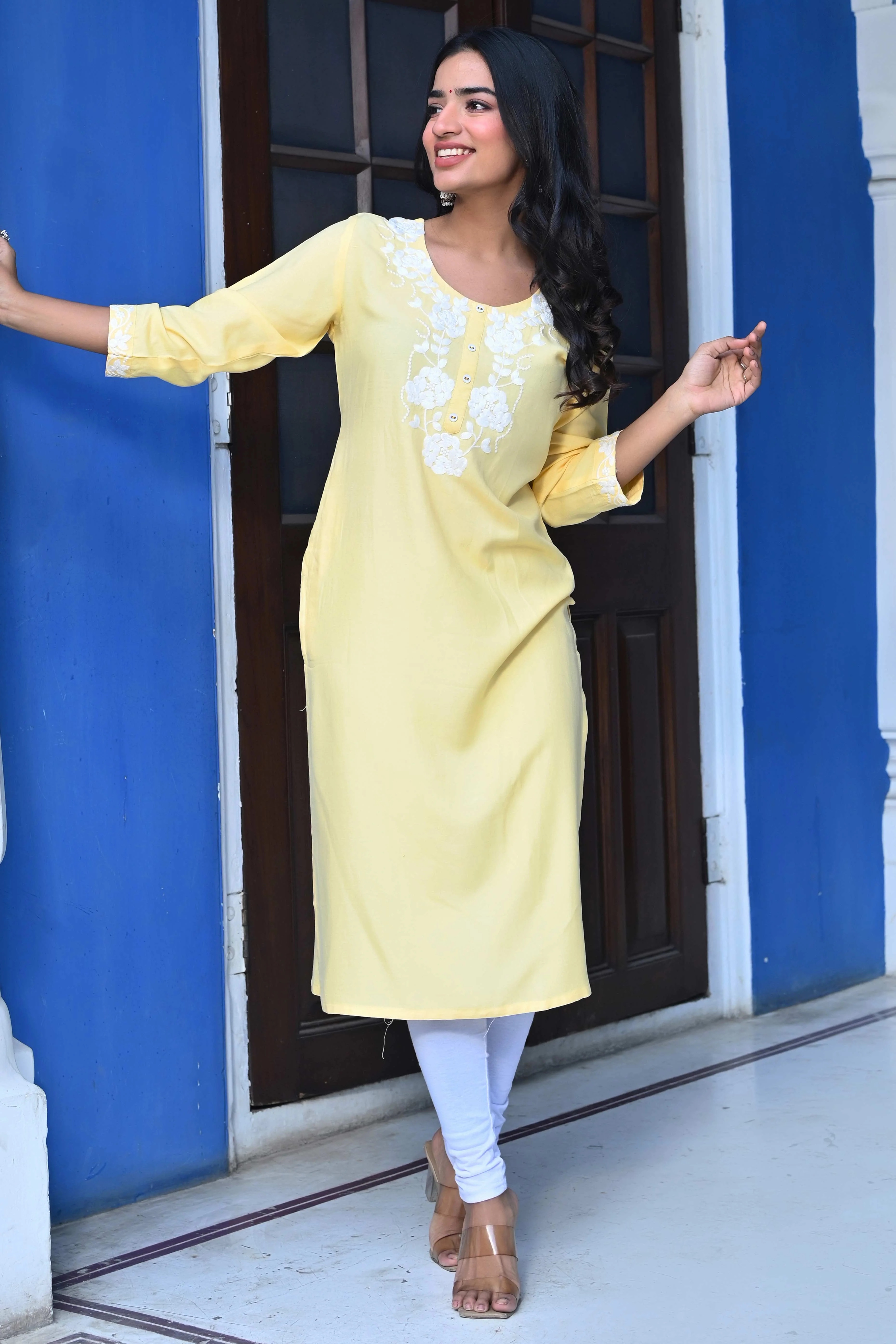 Yellow Embroidered Rayon Straight Kurti - Image 5