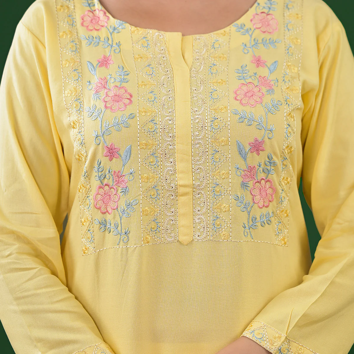 Yellow Embroidered Rayon Straight Kurti - Image 3