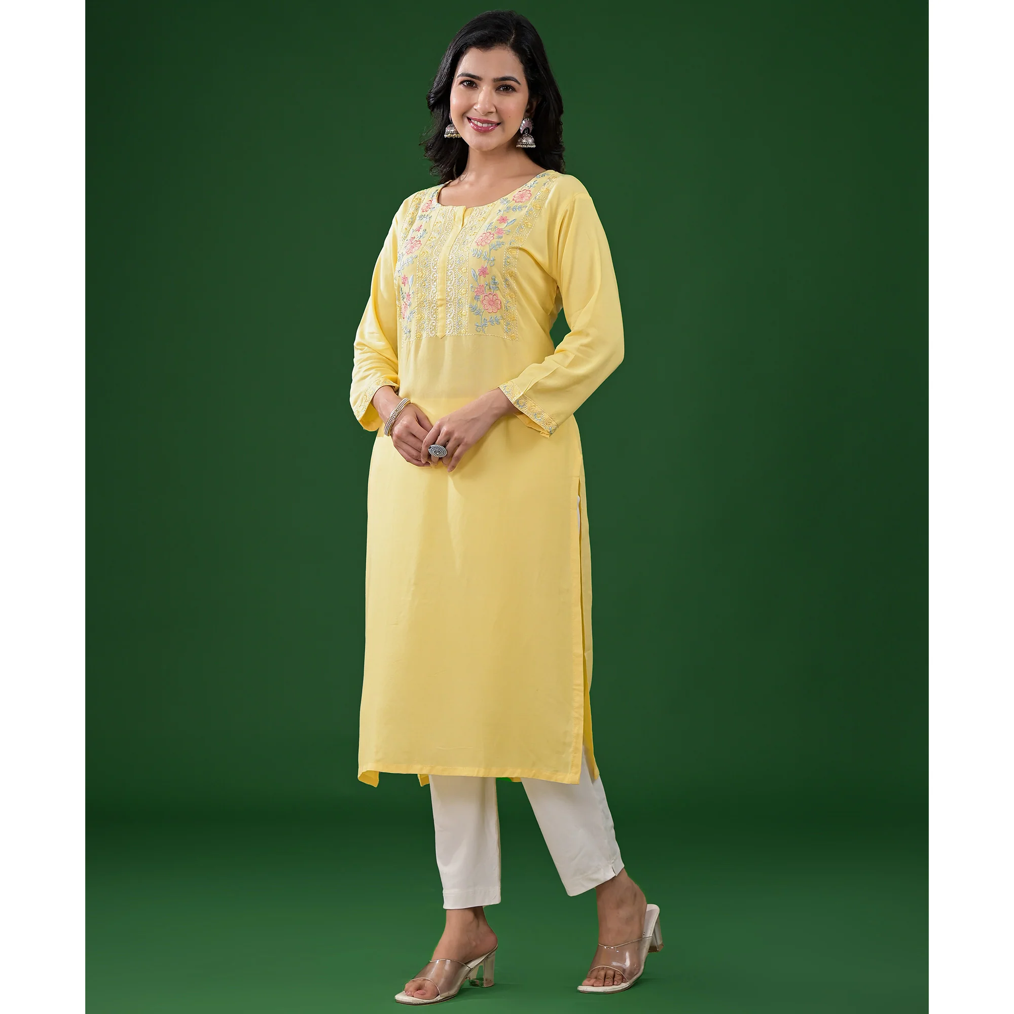 Yellow Embroidered Rayon Straight Kurti - Image 4