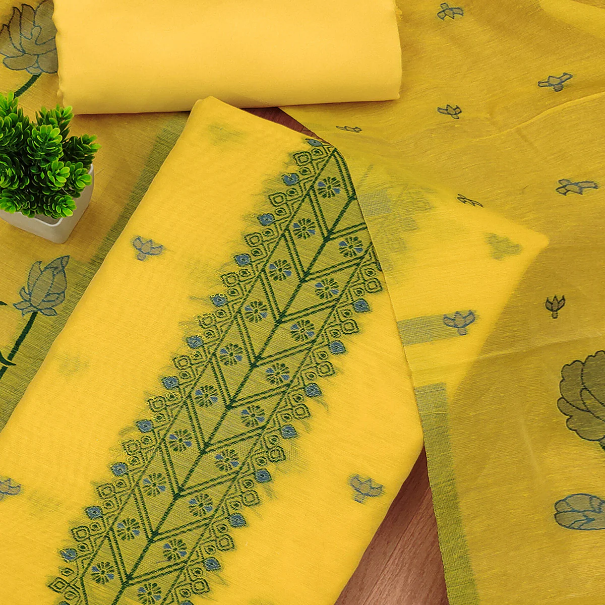 Yellow Ethnic Dress Material Showcasing Handloom Style Floral Zari Weaving - Image 2