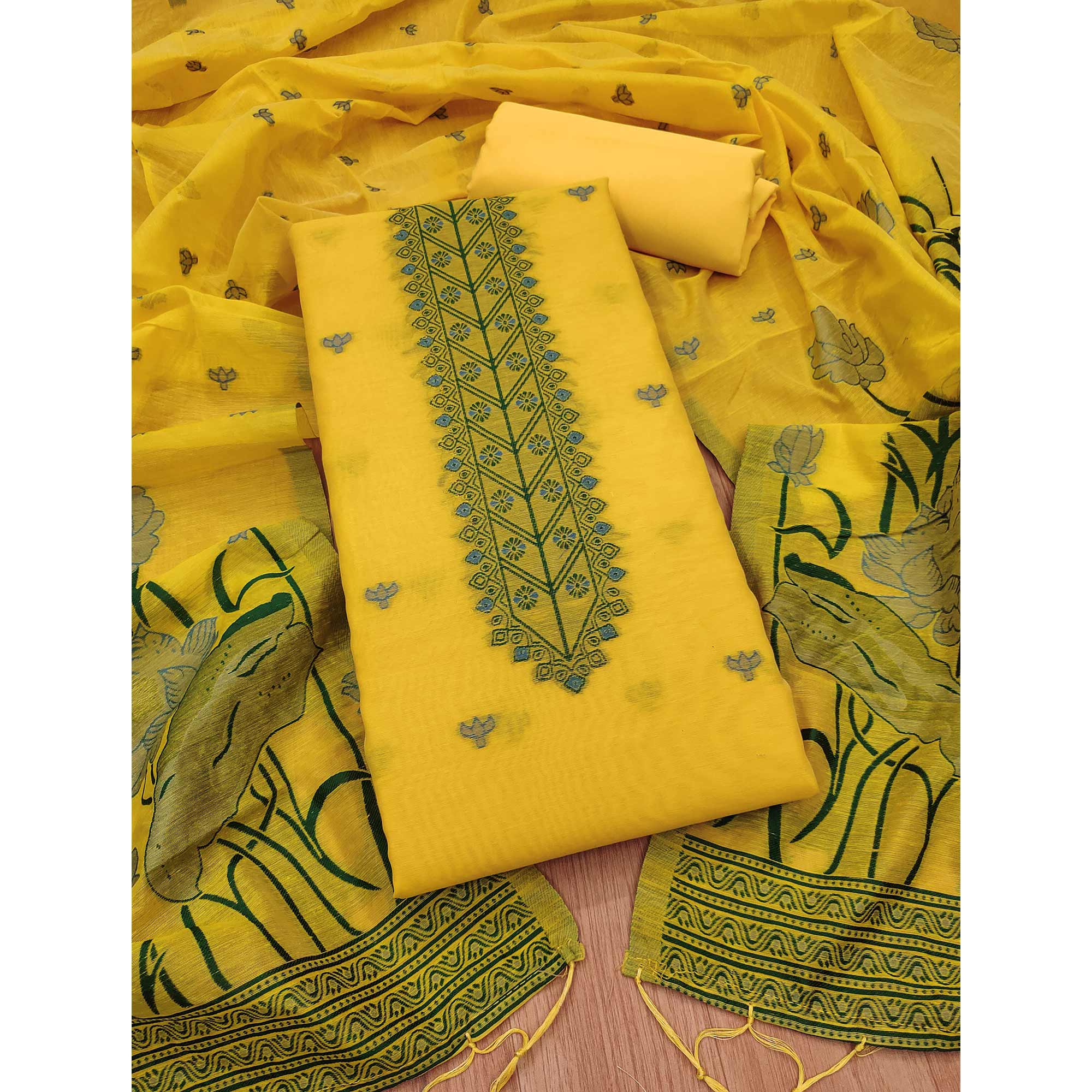 Yellow Ethnic Dress Material Showcasing Handloom Style Floral Zari Weaving - Image 3