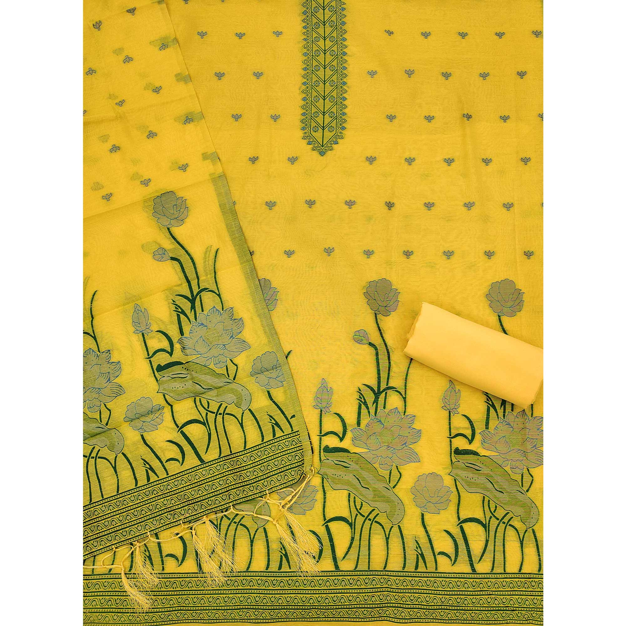 Yellow Ethnic Dress Material Showcasing Handloom Style Floral Zari Weaving - Image 4