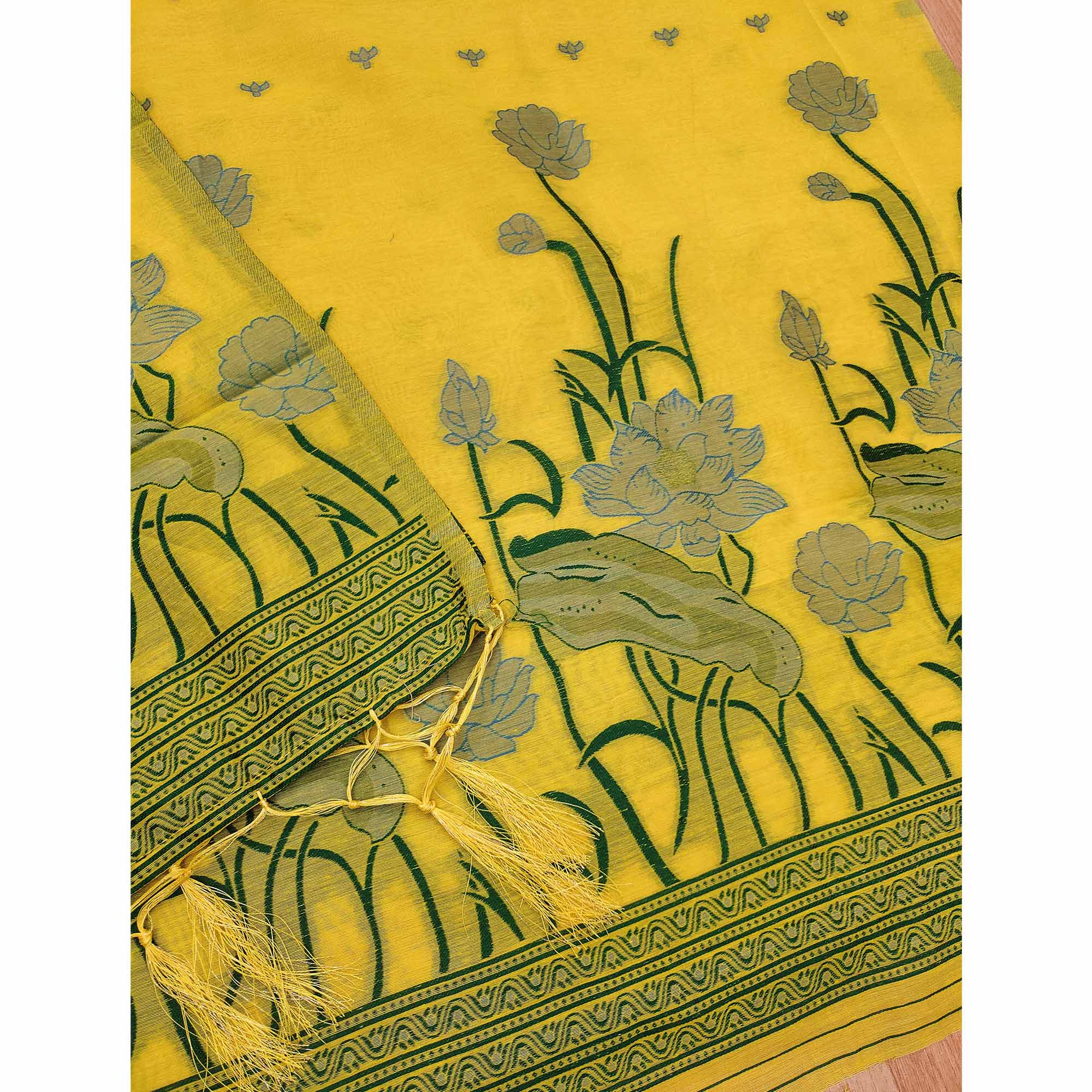 Yellow Ethnic Dress Material Showcasing Handloom Style Floral Zari Weaving - Image 5