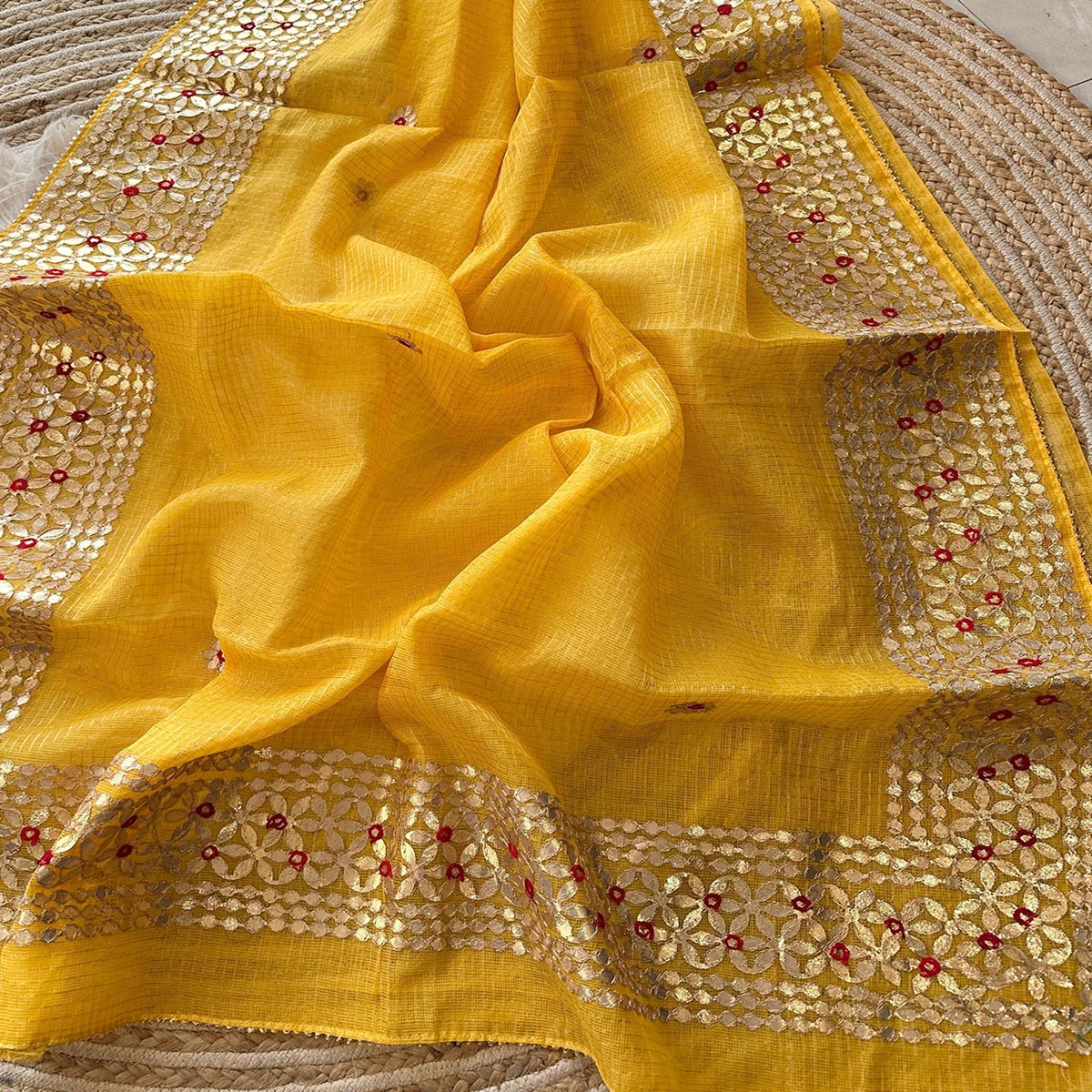 Yellow Ethnic Kota Doria Saree Designed with Beautiful Traditional Gota Embroidery - Image 2