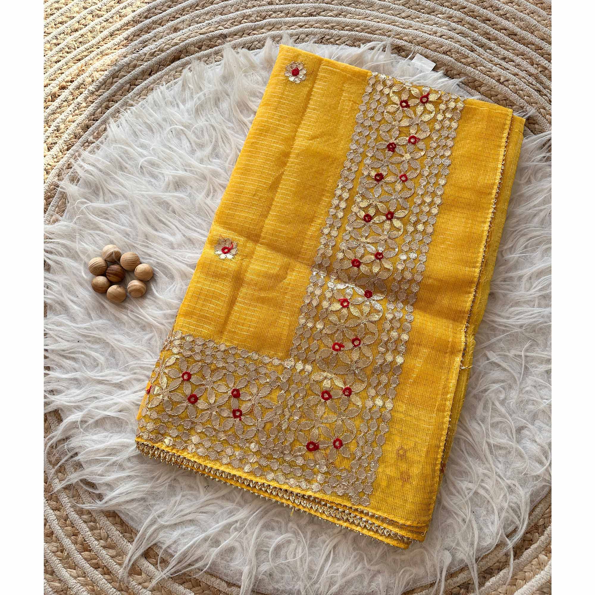 Yellow Ethnic Kota Doria Saree Designed with Beautiful Traditional Gota Embroidery - Image 4