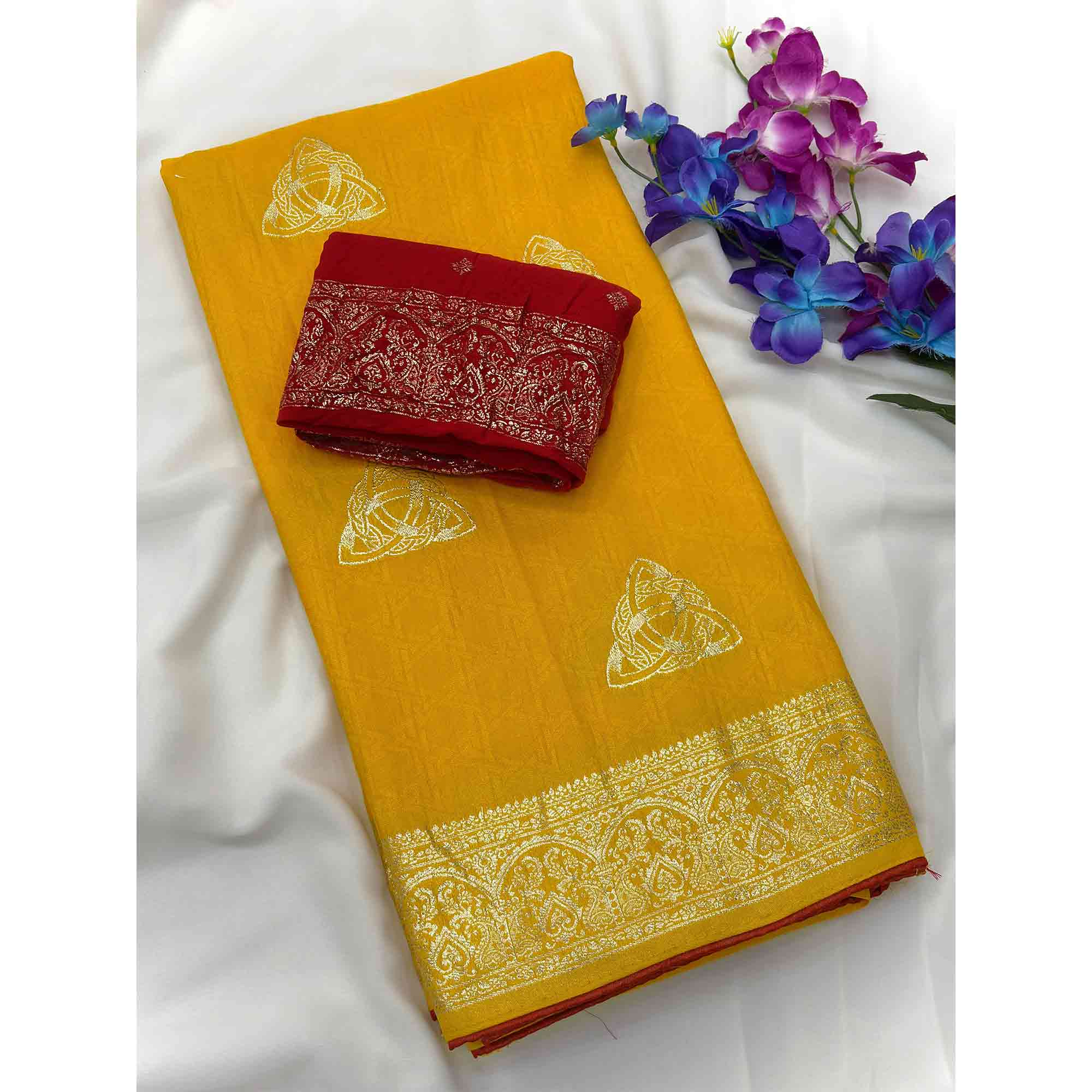 Yellow Festive Wear Muslin Soft Saree Enriched with Intricate Meenakari Zari Designs - Image 3