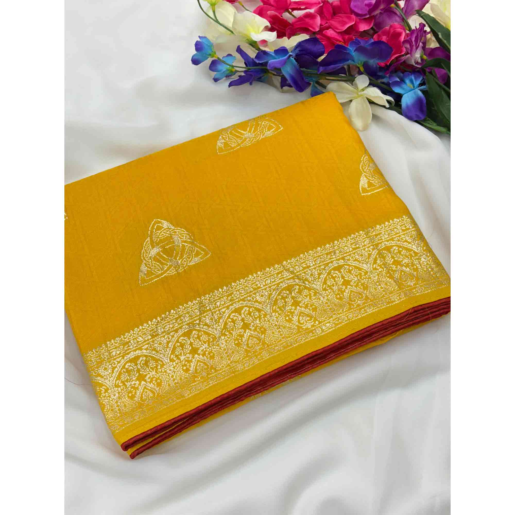 Yellow Festive Wear Muslin Soft Saree Enriched with Intricate Meenakari Zari Designs - Image 4